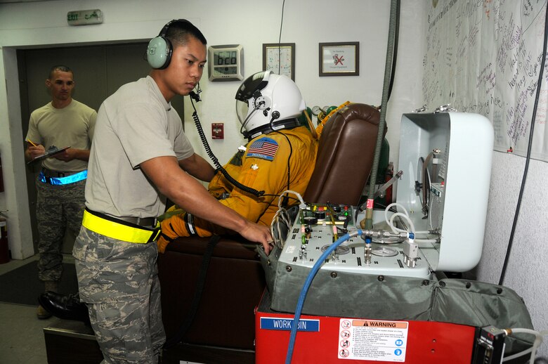 SOUTHWEST ASIA -- Senior Airman David Sivixay works with Lt. Col. Brian "Bubba" Dickinson on last minute Communications and suit pressurization checks  while Senior Airman Allen Smith monitors the results here Nov. 14. Both are with the 99th Expeditionary Reconnaissance Squadron Physiological Support Division. Colonel Dickinson is a U-2 Dragonlady pilot with the 99th and is responsible for gathering intelligence in the area of responsibility in support of Operation Iraqi and Enduring Freedom.  All three are deployed from the 9th Reconnaissance Wing out of Beale Air Force Base, Calif. Airman Sivixay is from San Diego, Calif. Airman Smith's hometown is Tampa, Fla. and Colonel Dickinson is a native of Oscoda, Mich., and Colorado Springs, Colo.(U.S. Air Force photo/Tech. Sgt. Christopher A. Campbell)(released)