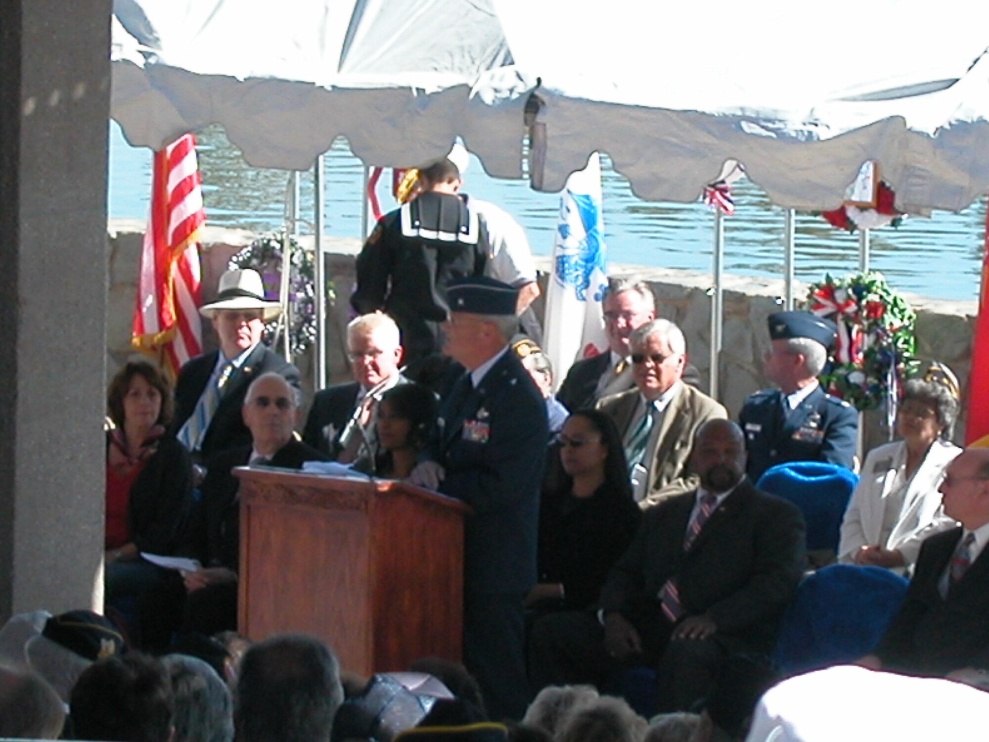 Brig. Gen. James Melin, 452 AMW commander, was the keynote speaker at the Veterans Day ceremony held at the Riverside National Cemetery. Some 2,500 people attended the event which featured a flyover of a March C-17. Local elected officials, military commanders and veterans and their families were present. The Riverside Concert Band played each of the service songs and the cemetery’s Memorial Honor Detail provided the colors and rifle salute. (U.S. Air Force photo by Maj. Don Traud)