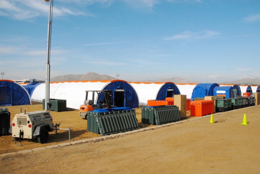 The 200-bed Mobile Field Hospital, one of three owned by the state, is set up at March. March was the Regional Training Site for the various entities involved in carrying out the state’s medical response to major disasters. (U.S. Air Force photo by Staff Sgt. Diane Ducat)