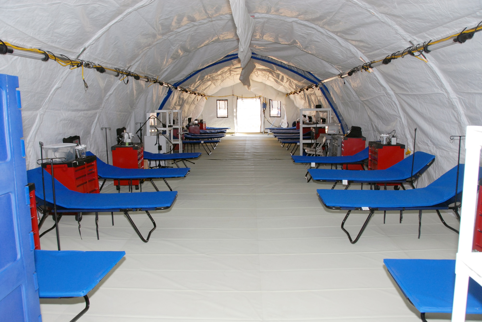 A look inside the Mobile Field Hospital, one of three owned by the state. The hospital is designed with climate control systems and is self-contained with all medical equipment, supplies, and pharmaceuticals to deliver comprehensive emergency  medical care. The three MFHs can also be integrated to provided one 600-bed facility. (U.S. Air Force photo by Staff Sgt. Diane Ducat)