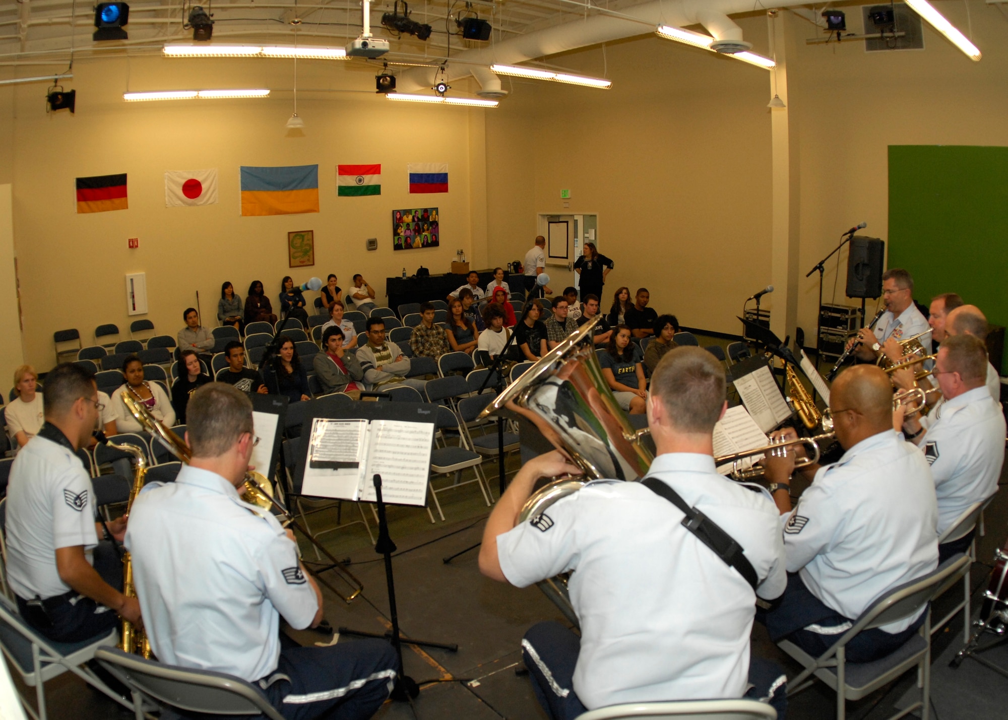 The Air National Guard Band of the Southwest performs for students at Vista Mar School in El Segundo, Calif., as part of the many events taking place during Air Force Week, Nov. 17, 2008. Air Force Week serves as the premier platform to share the Air Force story with our fellow citizens. Air Force Week includes community visits and talks by Air Force officials, flight demonstrations and displays providing an up close and personal look at the men and women of the Air Force serving worldwide in defense of freedom. (U.S. Air Force photo by Stephen D. Schester)