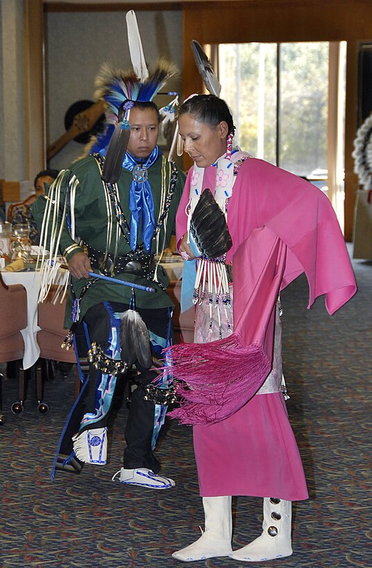 Tech. Sgt. Danwel Varner with the 364th Training Squadron and his wife DeaKay, both of Comanche heritage, dance to a straight dance song during the luncheon entertainment at the Native American and Alaskan Native Heritage Luncheon Nov. 13. (U.S. Air Force photo/Airman 1st Class Candy Miller)