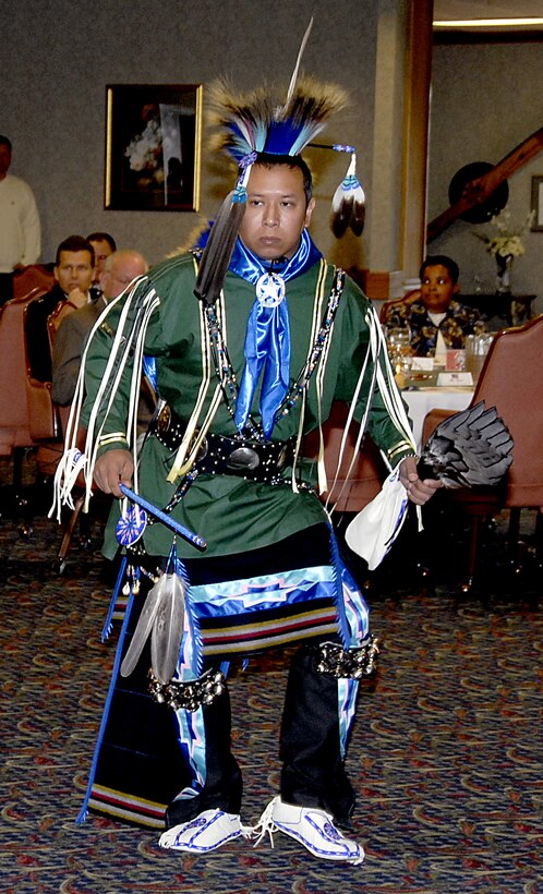 Tech. Sgt. Danwel Varner with the 364th Training Squadron of Comanche heritage, dances to a straight dance song during the luncheon entertainment at the Native American and Alaskan Native Heritage Luncheon Nov. 13. (U.S. Air Force photo/Airman 1st Class Candy Miller)