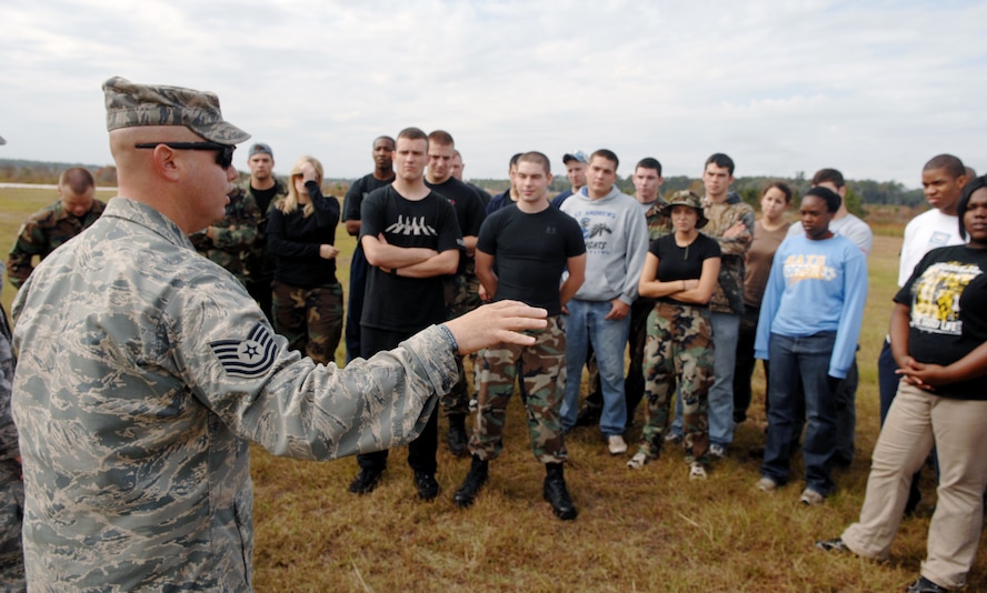 MOODY AIR FORCE BASE, Ga. –Tech. Sgt. Brian Rodney, 824th Security Forces squad leader, informs ROTC cadets on the types of exercises security forces is going to be walking them through here Nov.14. The 824th Security Forces volunteered their time during the weekend to work with Valdosta State University ROTC cadets. (U.S. Air Force photo by Airman Joshua Green) 