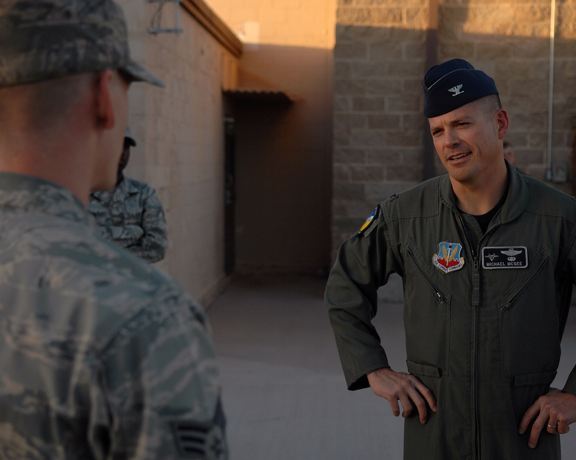 49th Fighter Wing vice commander, Col. Michael McGee, greets Senior Airman Patrick Dougherty, Nov. 13, after returning from a six month deployment to Afghanistan. Airman Dougherty is an explosive ordnance apprentice assigned to the 49th Civil Engineer Squadron (EOD) at Holloman Air Force Base, N.M.

(U.S. Air Force photo/Senior Airman Anthony nelson Jr)