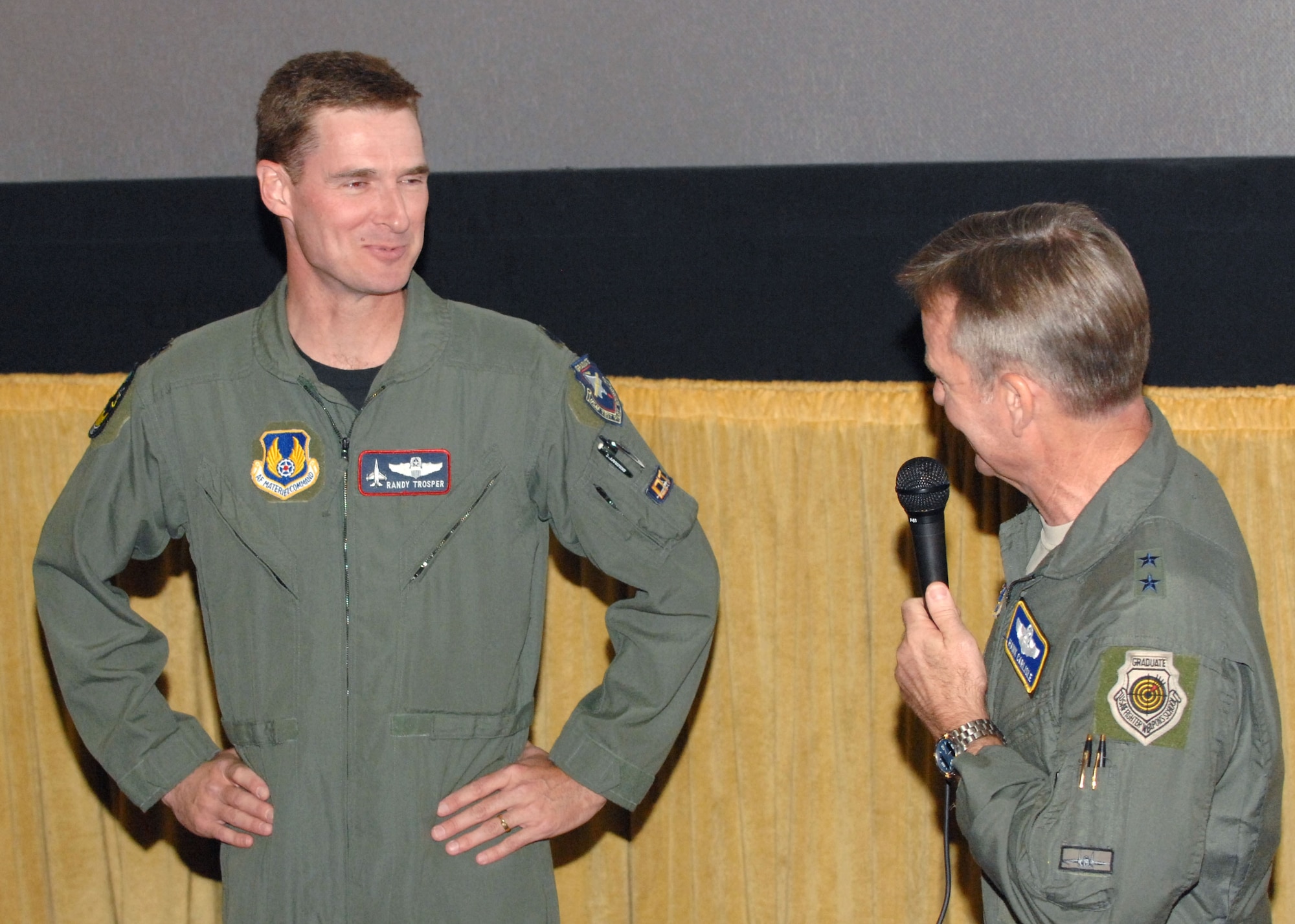U.S. Air Force Maj. Gen. Hawk Carlisle and Maj. Rob Jackson, special guest fighter pilots, answer questions from the audience about daily life in the Air Force before the Los Angeles Air Force Film Festival showing of “Fighter Pilot: Operation Red Flag,” at Canyon Country 10 Theater, Nov. 16, 2008. (U.S. Air Force photo by Senior Airman Ashley Moreno)