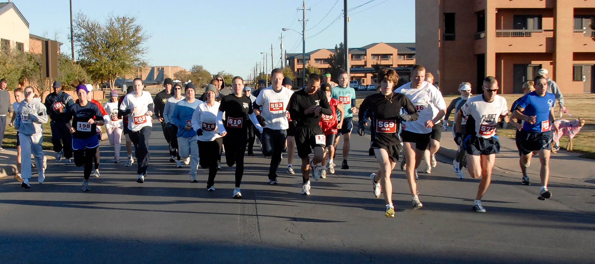 Participants in the annual Turkey Trot 5K and 10K run take off early Nov. 15 at Sheppard AFB, Texas. More than 40 people participated in the event. Turkeys were awarded to the winners of the men's and women's 5 and 10K runs. (U.S. Air Force photo/Mike Litteken)