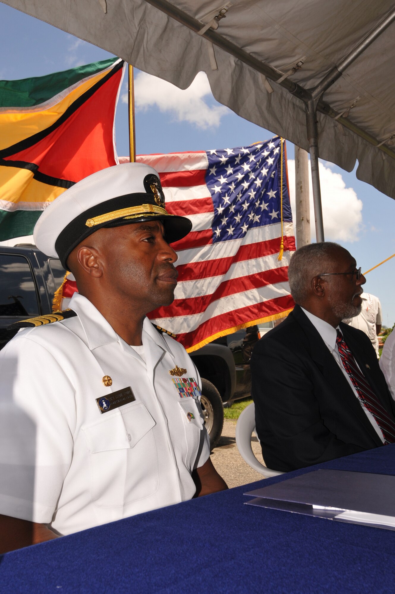 GEORGETOWN, Guyana -- Capt. Fernandez "Frank" Ponds, Continuing Promise 2008 mission commander?, and U.S. Ambassador John Jones, attend the opening ceremony at East ?Ruimveldt Community Center, marking the official beginning of the humanitarian and civic assistance mission ?CP 2008 in Guyana. Approximately 40 Airmen from 5th CES are supporting CP 2008, a four-month mission in the U.S. Southern Command area of responsibility.(U.S. Navy photo by Mass Communication Specialist 3rd ?Class (SW) David Danals)?