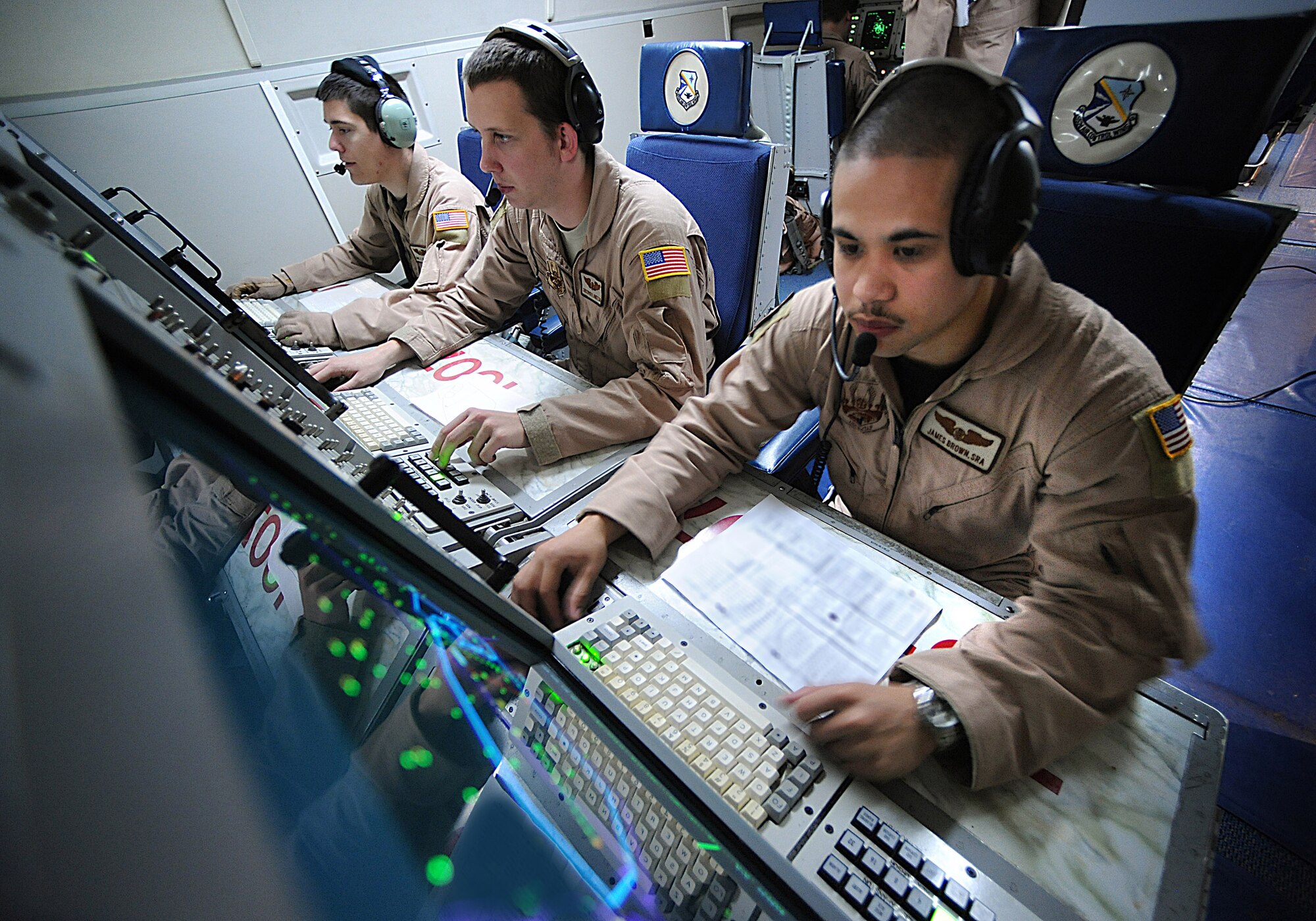 E-3B Sentry airborne warning and control system surveillance technicians from the 965th Expeditionary Air Control Squadron track simulated hostile aircraft during a multinational exercise Nov. 9 over Southwest Asia. (U.S. Air Force photo/Staff Sgt. Aaron Allmon)
