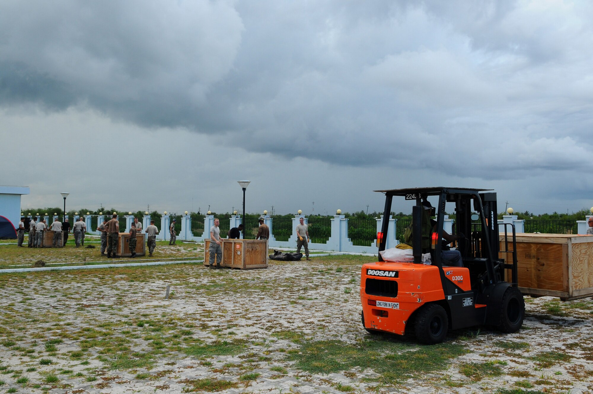 GEORGETOWN, Guyana -- Airmen from the 5th Civil Engineer Squadron and Navy Seabees, currently embarked aboard USS Kearsarge (LHD 3), recently established a forward operating base at Caricom Field here during renovation and construction projects scheduled from Nov. 9 to 22 in support of the Caribbean phase of Continuing Promise 2008. Approximately 40 Airmen from 5th CES are supporting CP 2008, a four-month mission in the U.S. Southern Command area of responsibility. (U.S. Navy photo by Mass Communication Specialist Seaman Apprentice Joshua Adam Nuzzo)