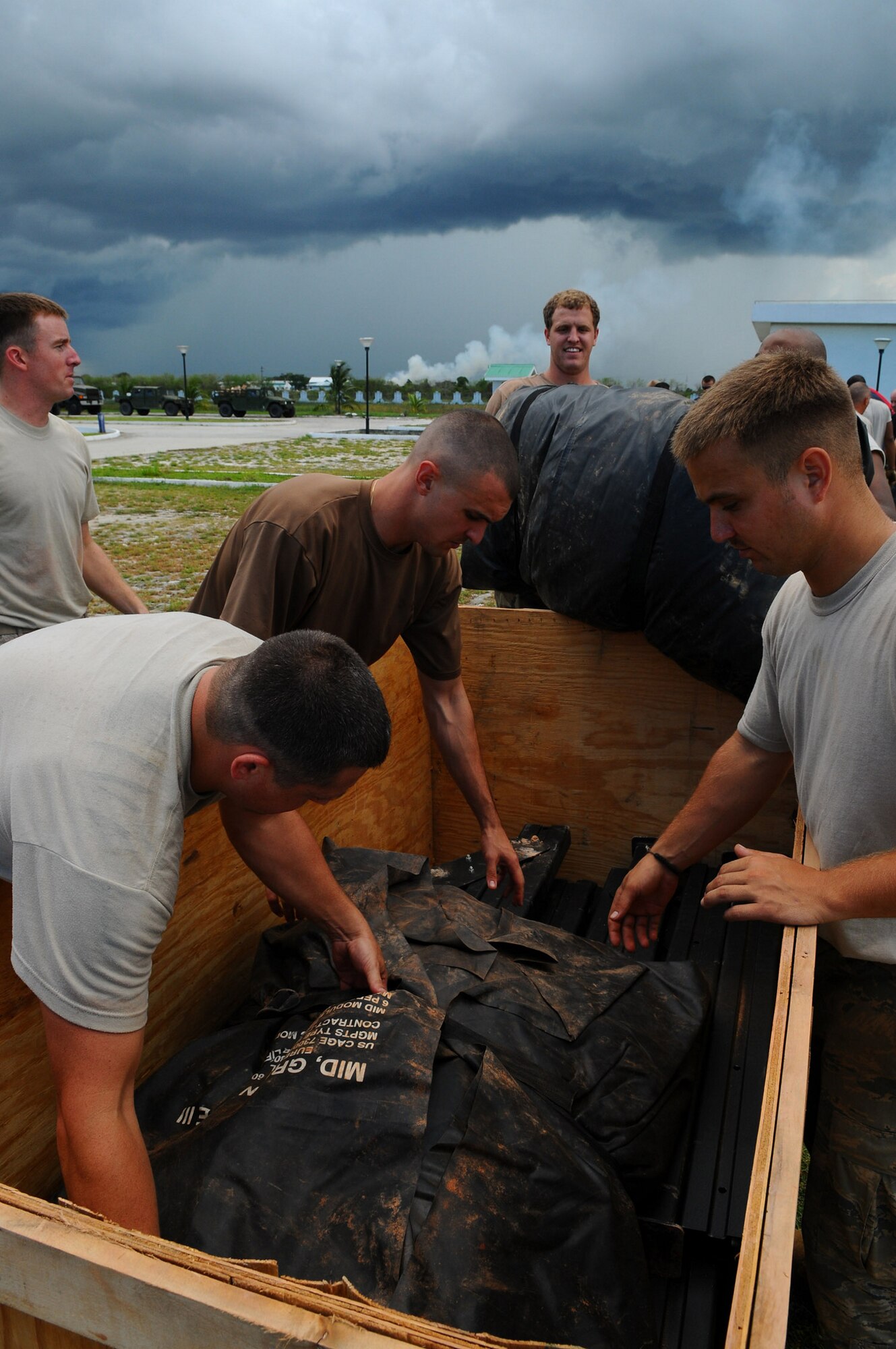 GEORGETOWN, Guyana -- Airmen from the 5th Civil Engineer Squadron and Navy Seabees, currently embarked aboard USS Kearsarge (LHD 3), recently established a forward operating base at Caricom Field here during renovation and construction projects scheduled from Nov. 9 to 22 in support of the Caribbean phase of Continuing Promise 2008. Approximately 40 Airmen from 5th CES are supporting CP 2008, a four-month mission in the U.S. Southern Command area of responsibility.(U.S. Navy photo by Mass Communication Specialist Seaman Apprentice Joshua Adam Nuzzo)