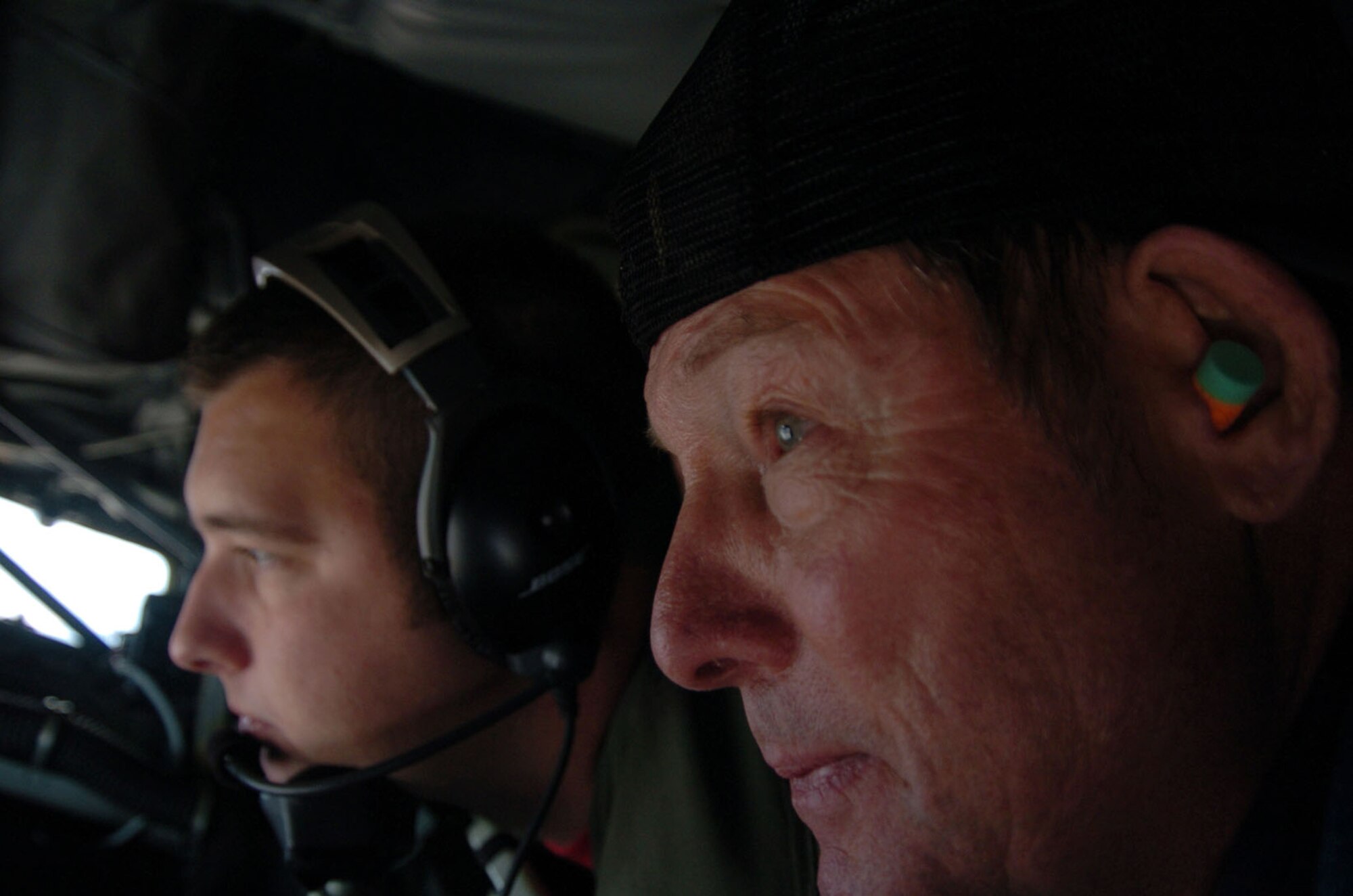 Cruising at 25,000 feet or so, guests of Altus Air Force Base Nov. 14 experienced a few moments in the pod of a KC-135 with 54th Air Refueling Squadron Boom Operator Staff Sgt. Bruce Bergland. Mr. Ronnie McLean of Altus Okla. had high praise for Sergeant Bergland and all service members. “Thank God you guys do all you do,” he said. (U.S. Air Force photo/Master Sgt. Paul Dean)
