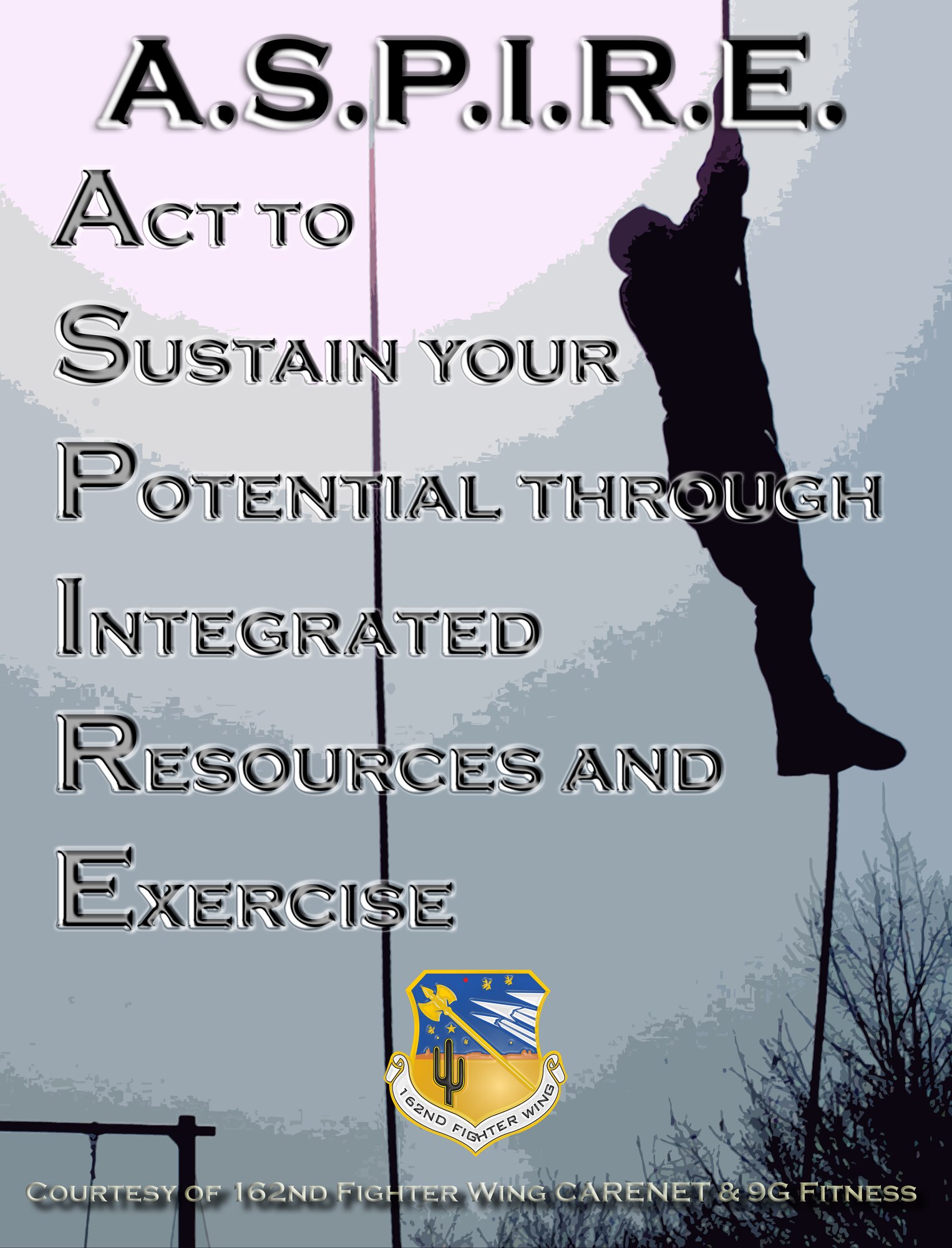 Act to Sustain your Potential through Integrated Resources and Exercise (A.S.P.I.R.E.) is a new program from the 162nd Fighter Wing's CARENET and 9G Fitness. It will include a series of events over the next year to address all aspects of wellness; exercise, diet, financial responsibility, stress management and much more. (Air National Guard graphic by Capt. Gabe Johnson)