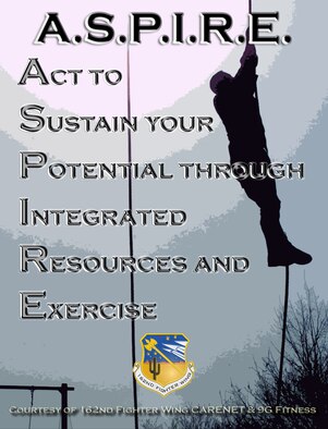 Act to Sustain your Potential through Integrated Resources and Exercise (A.S.P.I.R.E.) is a new program from the 162nd Fighter Wing's CARENET and 9G Fitness. It will include a series of events over the next year to address all aspects of wellness; exercise, diet, financial responsibility, stress management and much more. (Air National Guard graphic by Capt. Gabe Johnson)