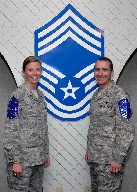 Chief Master Sgts. (select) Tanya Yahn, left, 82nd Medical Support Squadron, and Paul Raymond, 82nd Logistics Readiness Squadron, are two of four Team Sheppard senior master sergeants selected for promotion to E-9. The selectees were honored at a promotion party Nov. 14 at the Sheppard Club. (U.S. Air Force photo/Mike Litteken)