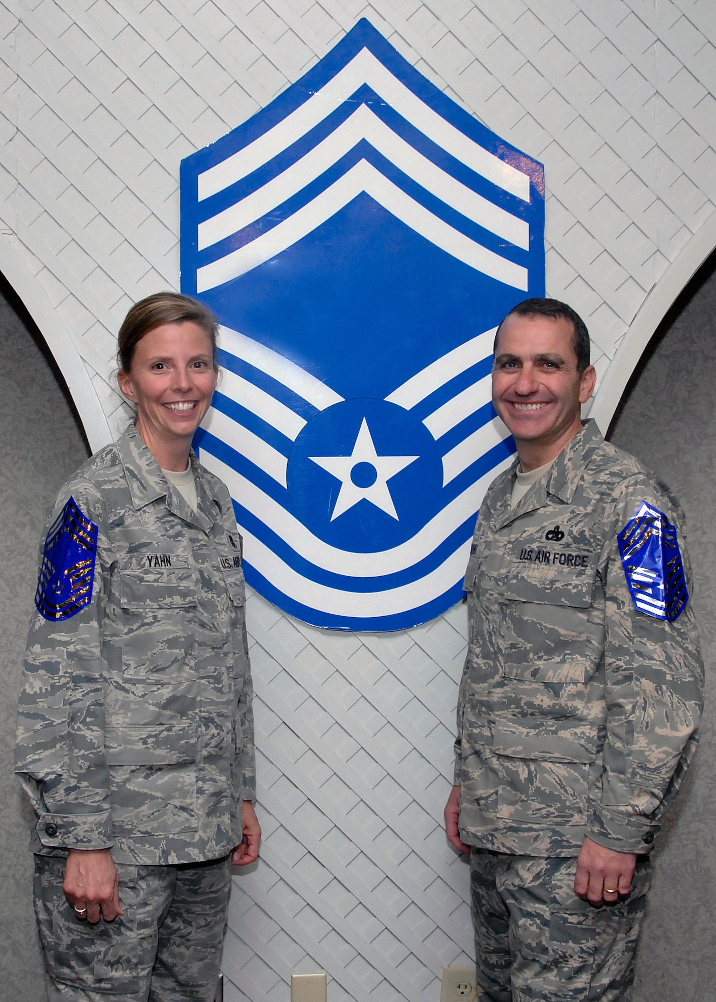 Chief Master Sgts. (select) Tanya Yahn, left, 82nd Medical Support Squadron, and Paul Raymond, 82nd Logistics Readiness Squadron, are two of four Team Sheppard senior master sergeants selected for promotion to E-9. The selectees were honored at a promotion party Nov. 14 at the Sheppard Club. (U.S. Air Force photo/Mike Litteken)