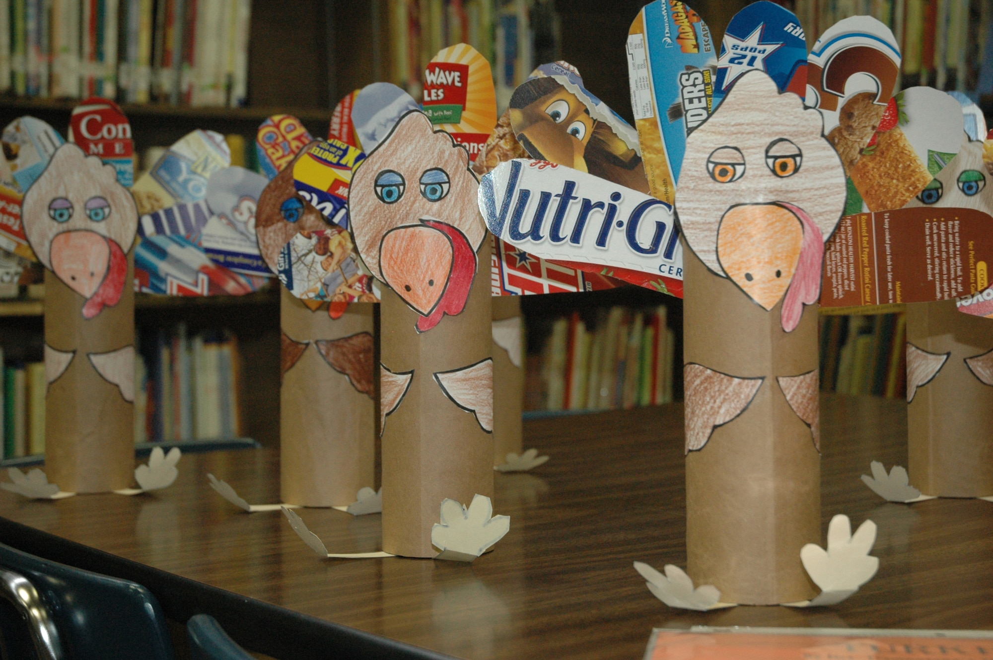 Tyndall Elementary School third graders made their "recycled" turkeys out of pringle cans, extra worksheets, old file folders and grocery boxes.  (U.S. Air Force photo by Airman 1st Class Anthony J. Hyatt)