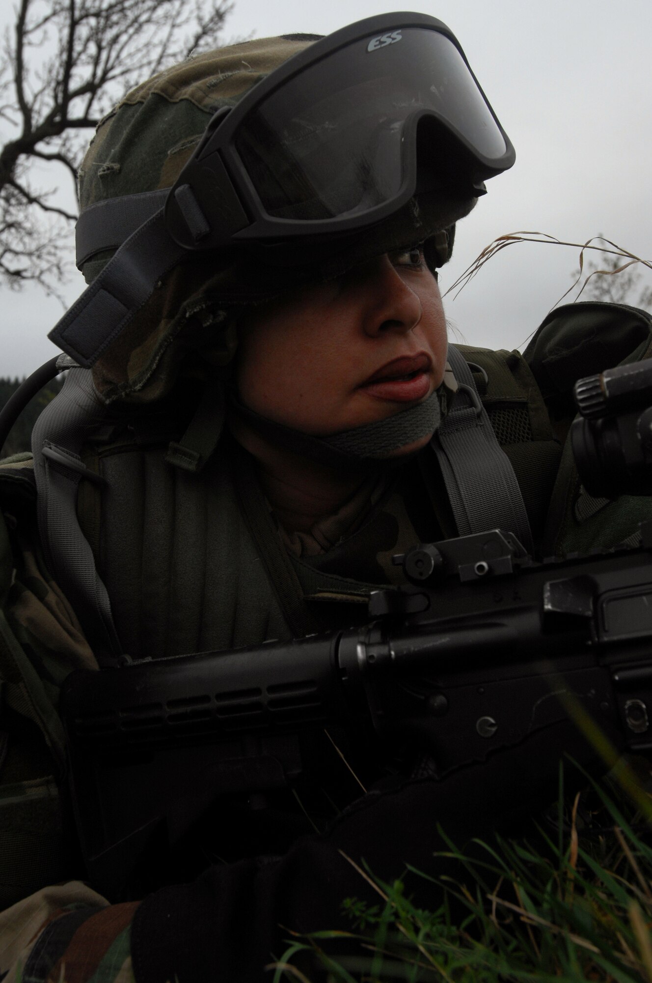 Airman 1st Class Mida Dekzeypros, 423rd Security Forces Squadron, Royal Air Force Alconbury, scans for opposing forces during Mounted Operations exercise, Nov. 14, 2008, Baumholder, Germany. During this two-day exercise, students were taught convoy and patrol techniques.  (U.S. Air Force photo Airman 1st Class Kenny Holston)