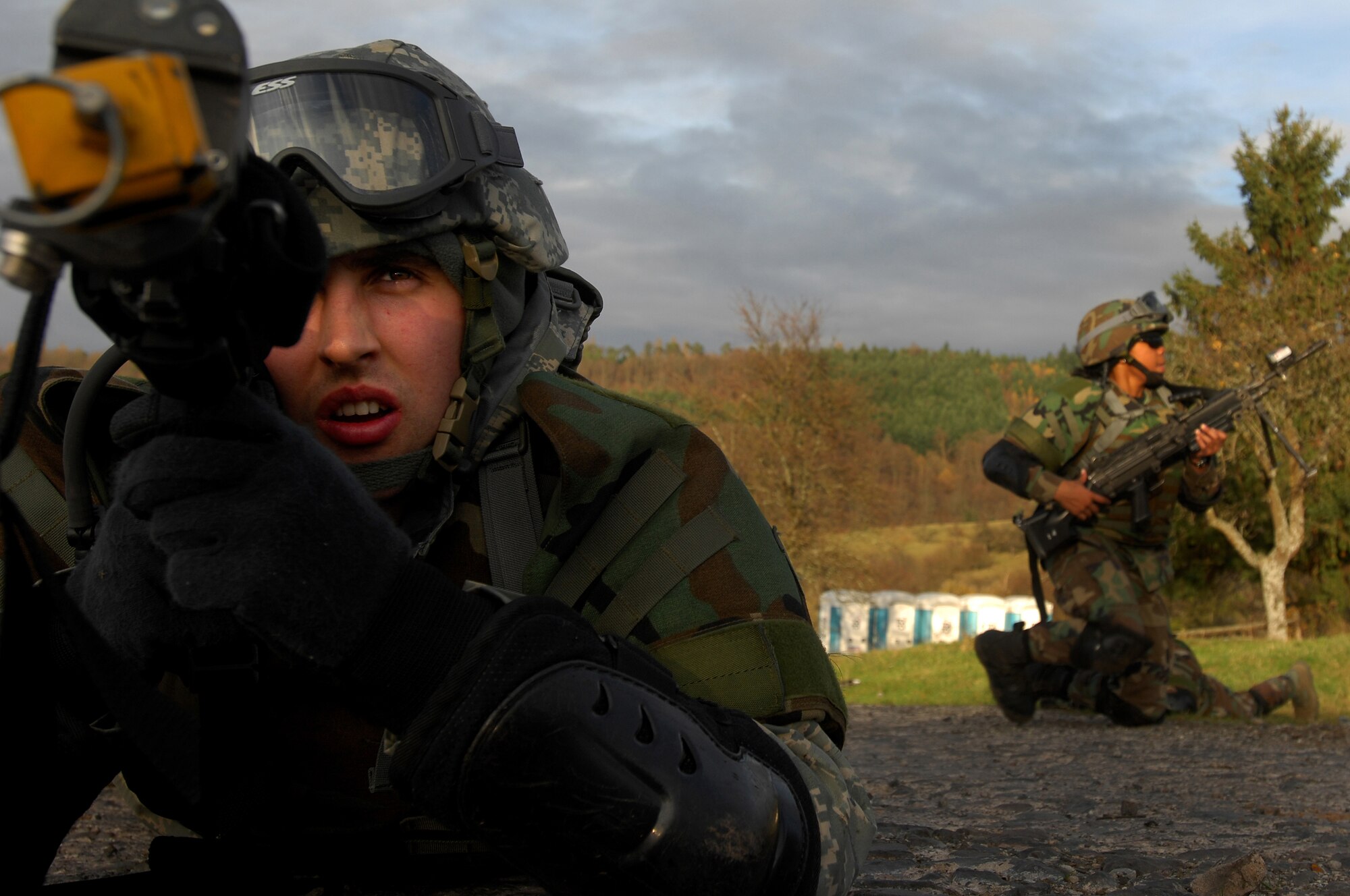 Airman 1st Class Tyler McEuin, 423rd Security Forces Squadron, Royal Air Force Alconbury, takes aim during a Mounted Operations exercise, Nov. 14, 2008, Baumholder, Germany. During this two-day exercise, students were taught convoy and patrol techniques. (U.S. Air Force photo Airman 1st Class Kenny Holston)