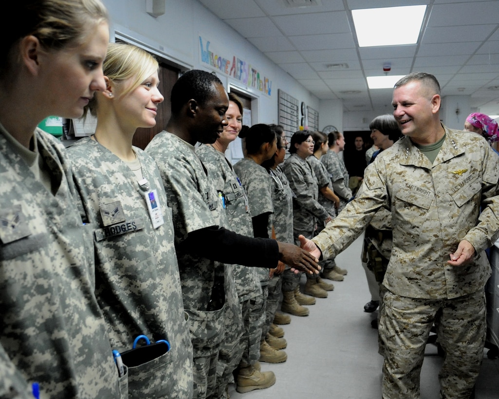 Vice Chairman of the Joint Chiefs of Staff U.S. Marine Gen. James E. Cartwright thanks airmen at the 455th Expeditionary Group for their work during a visit to Bagram Air Base, Afghanistan, Nov. 14, 2008. Cartwright toured the group's hospital to learn about health care for wounded servicemembers.