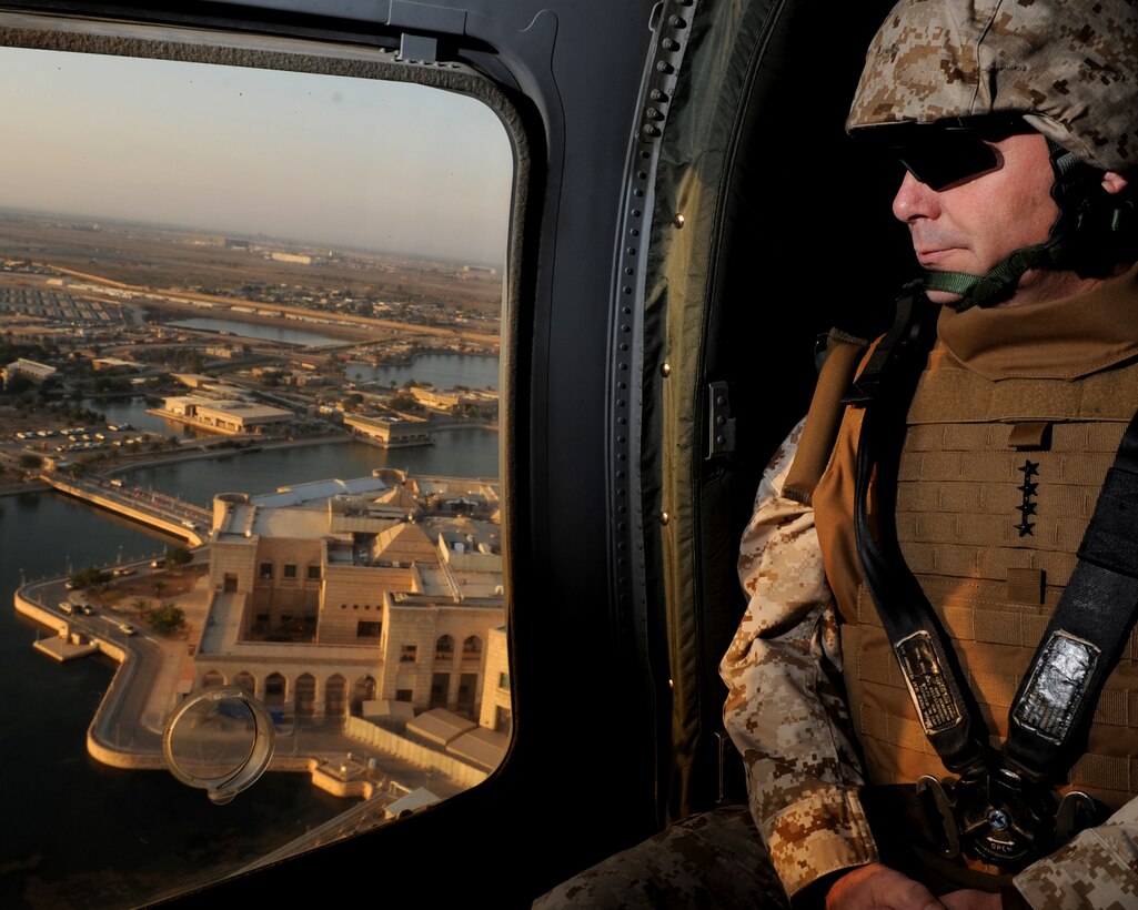 Vice Chairman of the Joint Chiefs of Staff U.S. Marine Gen. James E. Cartwright flies over the Al Faw Palace in Baghdad, Iraq, Nov. 15, 2008. Cartwright flew to Combat Outpost Cahill, Combat Outpost Summers and Forward Operating Base Falcon to visit troops.