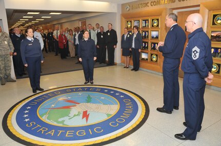 Gen. Kevin P. Chilton and Command Chief Master Sgt. Thomas S. Narofsky recognized U.S. Strategic Command&#039;s November promotees Monday. The new promotees are: LTC Laura K. Garret, Master Sgt. Maria Papagiannidi (not shown: Col. Stephen S. Vanherhoof, Navy CPT Gregory T. Eaton, Army Maj. David King, Army Maj. John Price, Maj. Shane W. Neubauer, CPT Jeffrey E. Smith and Airman 1st Class Jordan M. Gross)
