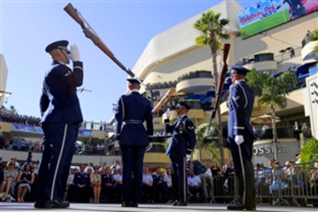 The Air Force Honor Guard Drill Team performs Nov. 14, 2008, at Hollywood and Highland in Los Angeles for the opening ceremonies for Air Force Week-Los Angeles. Other Air Force Week events included flyovers, interactive expos and performances by the Air Force band. Air Force Week-Los Angeles runs from Nov. 14, 2008 to Nov. 21, 2008.