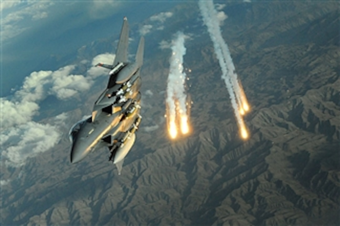 A U.S. Air Force F-15E Strike Eagle aircraft from the 391st Expeditionary Fighter Squadron deploys flares during a flight over Afghanistan on Nov. 12, 2008.  The squadron is deployed to Bagram Air Base.  