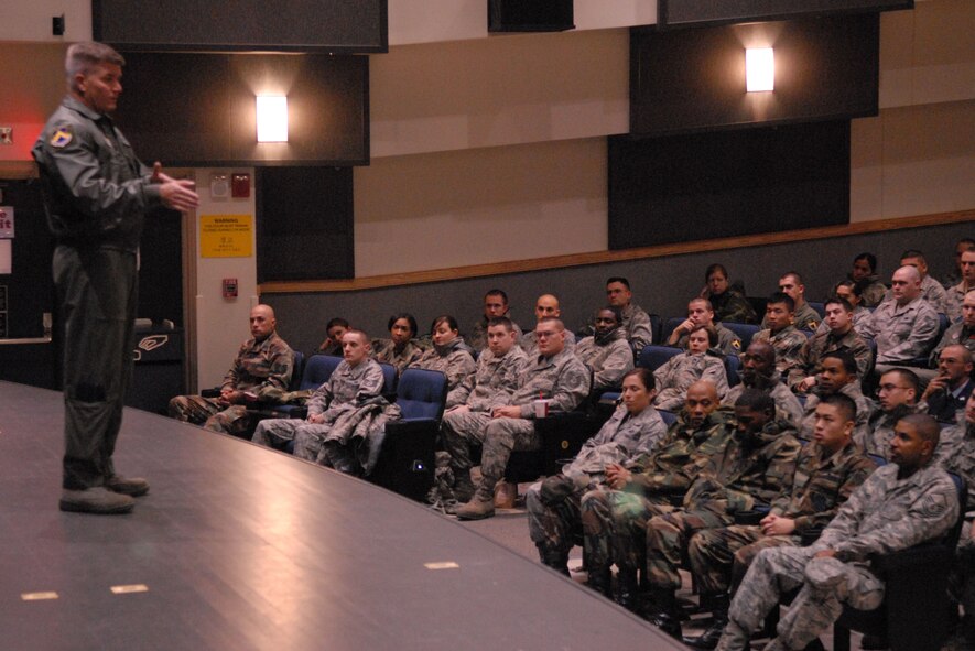 Colonel Jerry Harris, 8th Fighter Wing commander, addresses Airmen during his first commander's call at Kunsan Air Base, Republic of Korea, Nov. 18, 2008. He spoke to Airmen about leadership changes at the wing, expectations, and Pacific Air Force Commander Gen. Howie Chandler's, priorities of compliance, attention to detail, mission focus, leadership and accountability. (U.S. Air Force photo/Senior Airman Gustavo Gonzalez) 