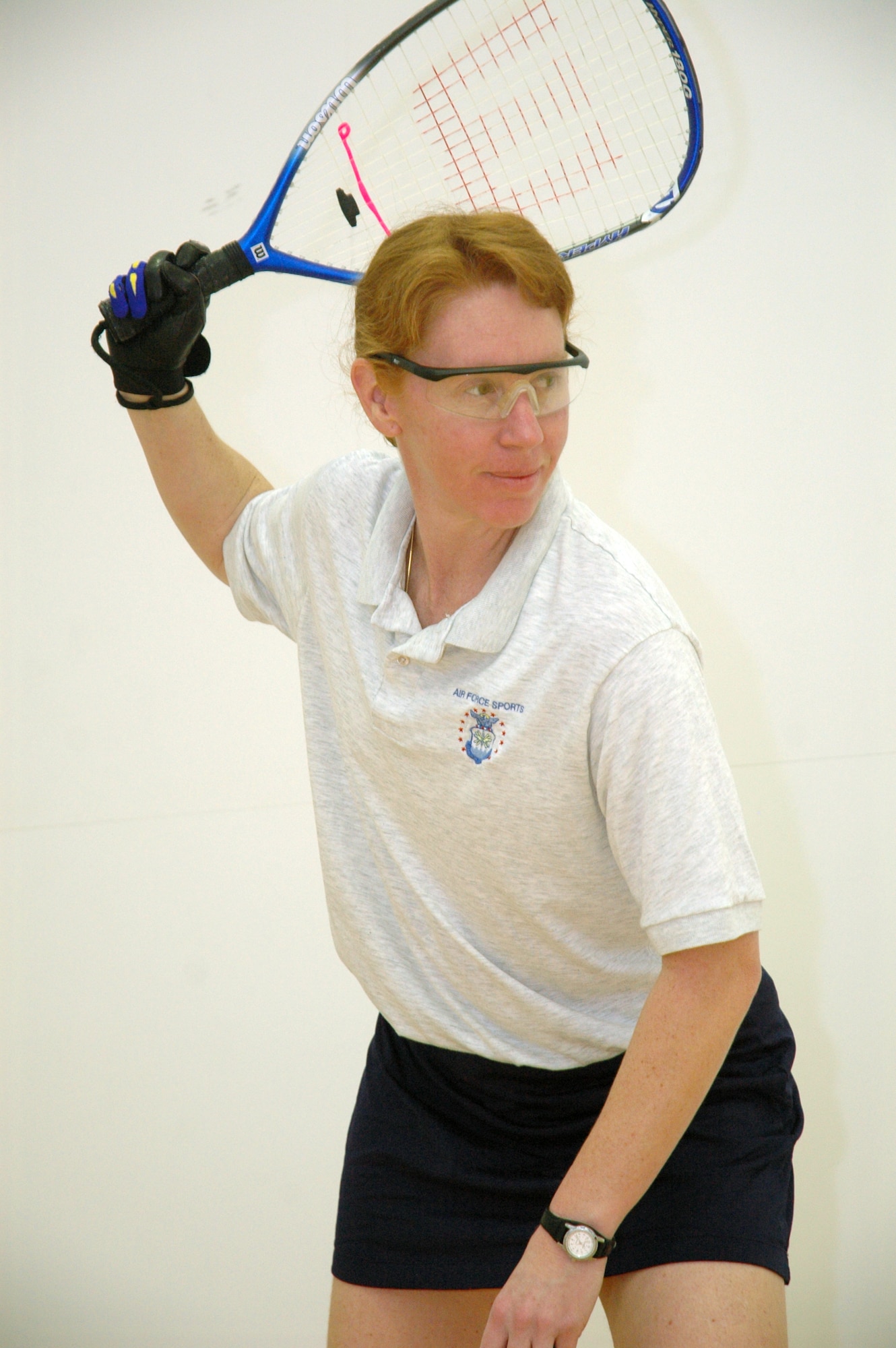 SCHRIEVER AIR FORCE BASE, Colo. -- Maj. Tina Hagen, commander of the Adversary Training Flight, 26th Aggressor Squadron, is ranked as one of the top-10 women racquetball players in the nation for her age group (35-40). This year she claimed runner-up honors at the U.S. National Tournament in Houston, Texas and won her age division at the World Senior event in Albuquerque, N.M. (U.S. Air Force photo/Scott Prater)