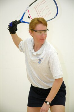SCHRIEVER AIR FORCE BASE, Colo. -- Maj. Tina Hagen, commander of the Adversary Training Flight, 26th Aggressor Squadron, is ranked as one of the top-10 women racquetball players in the nation for her age group (35-40). This year she claimed runner-up honors at the U.S. National Tournament in Houston, Texas and won her age division at the World Senior event in Albuquerque, N.M. (U.S. Air Force photo/Scott Prater)