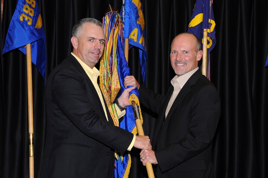 Col. Scott Dennis (left), 388th Fighter Wing commander, welcomes the community leader attached to his position, Mr. Steve Kier of Ogden’s Kier Corporation, at the wing Honorary Commander dinner Nov. 14 at Club Hill. At the event, 388th unit commanders gathered to meet the 11 civic leaders joining the wing’s outreach program. 388th Honorary Commanders spend time attached to the wing to learn about its mission and people and to begin sharing the Air Force story with his or her community. (U.S. Air Force photo by Alex Lloyd)