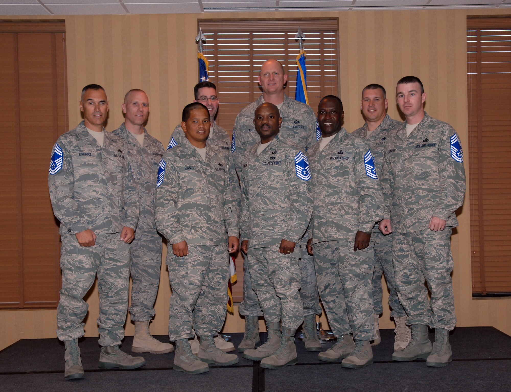 The D-M community congratulated their newest Chief Master Sergeant selects during a ceremony here Friday.

Front Row Left to Right--
Senior Master Sgt. Scott B. Robbins, 355th Communications Squadron
Senior Master Sgt. Rick Ramos, 563rd Maintenance Squadron
Senior Master Sgt. Jacob E. J. Robinson, Twelfth Air Force and Air Forces Southern
Senior Master Sgt. Richard Rhodes, Twelfth Air Force and Air Forces Southern
Senior Master Sgt. Gary P. Sharp, Twelfth Air Force and Air Forces Southern

Back Row Left to Right—
Senior Master Sgt. Todd A. Osier, 355th Logistics Readiness Squadron
Senior Master Sgt. Richard M. Coyle, 355th Medical Support Squadron
Senior Master Sgt. Rodney F. Welch, 355th Operations Support Squadron
Senior Master Sgt. Anthony Bickerdike, 755th Aircraft Maintenance Squadron
(U.S Air force photo/TSgt. Kerry Jackson)
