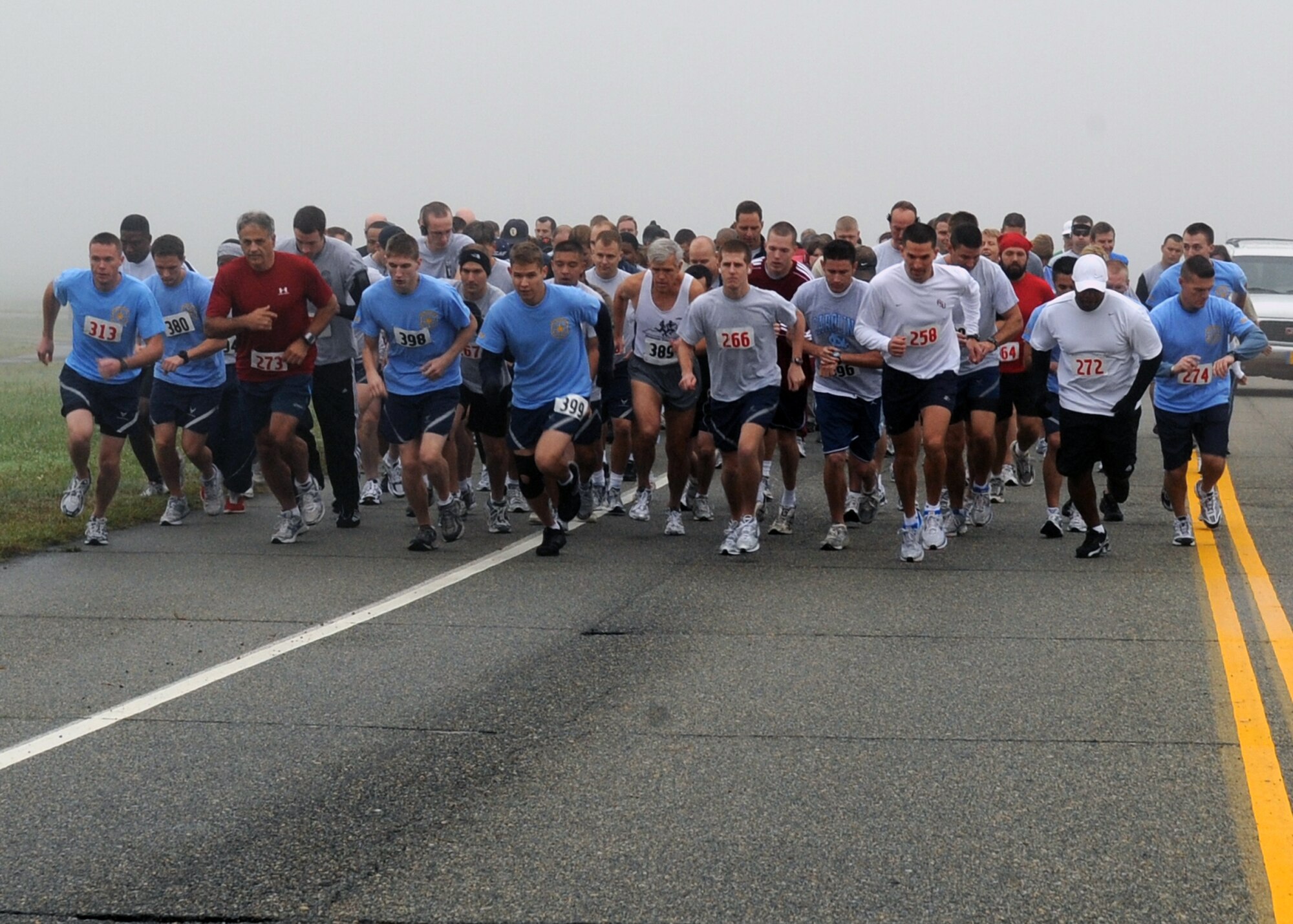 LANGLEY AIR FORCE BASE, Va. - Runners take off from the starting line of the Chief's Fun Run Nov. 15. The fun run, sponsored by the Chief's Group, raised approximately $500 to support a number of Team Langley enlisted programs. (U.S. Air Force photo/Airman 1st Class Jonathan Koob)