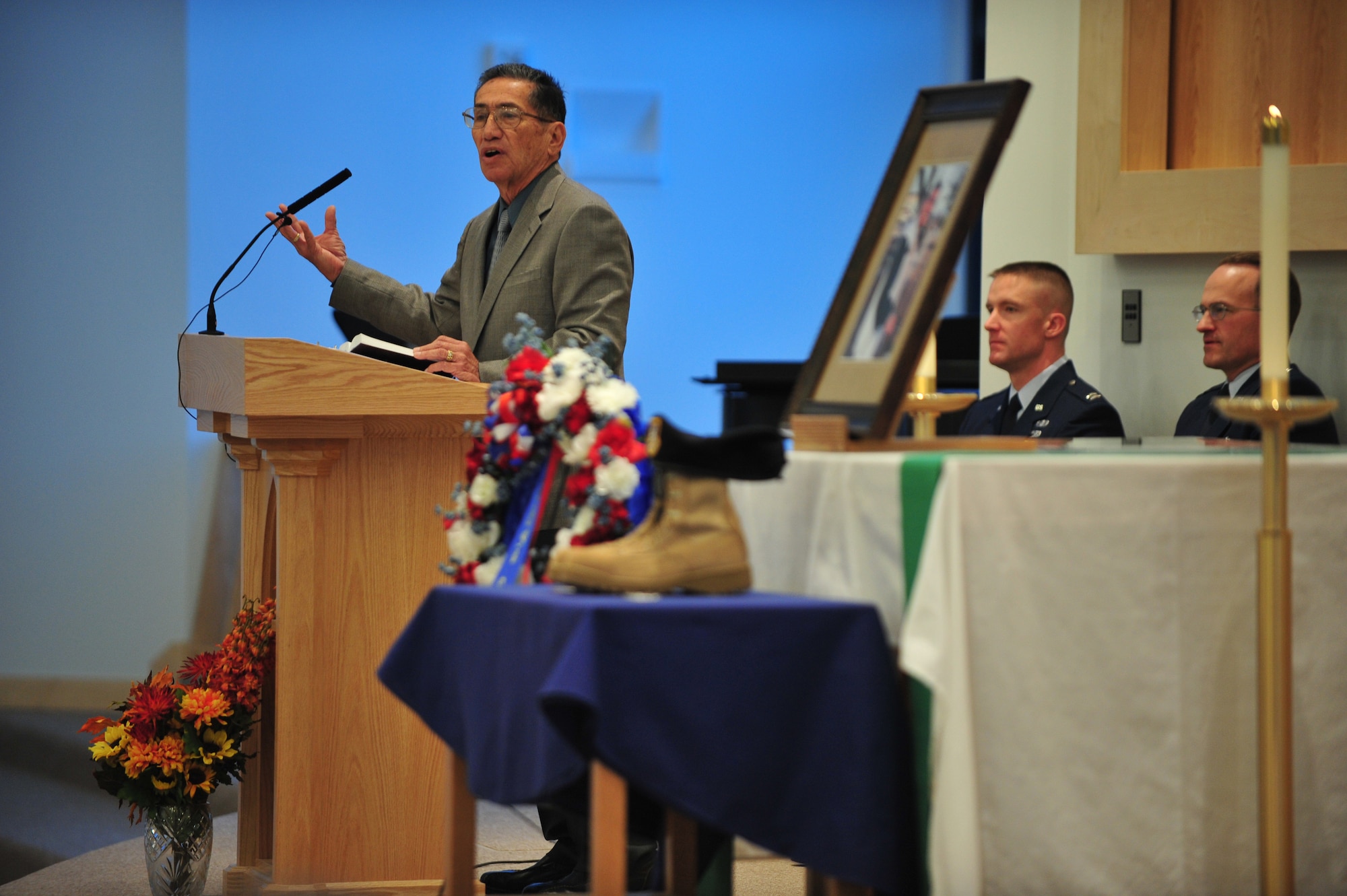 Dr. Ishmael Stagner delivers a eulogy about his son Staff. Sgt. Brandon Stagner during the memorial service Nov. 14, 2008 at Eielson Air Force Base, Alaska. Friends, family and co-workers gathered together to mourn the loss of Sergeant Stagner who served honorably for 14 years. Sergeant Stagner was assigned to the 354th Security Forces Squadron.  (U.S. Air Force photo/Senior Airman Jonathan Snyder)