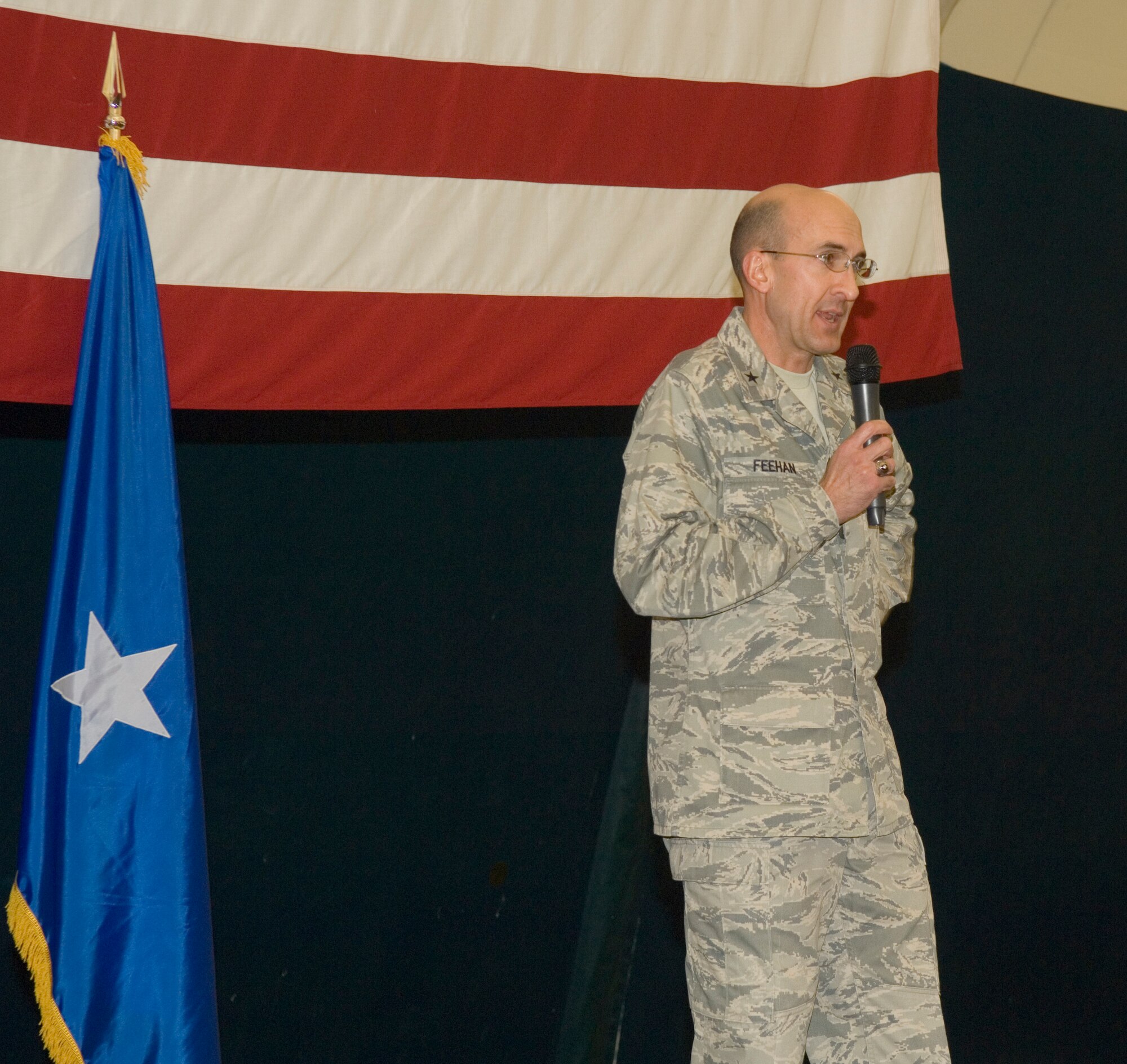 HANSCOM AIR FORCE BASE, Mass. – Brig. Gen. Terry Feehan, Electronic Systems Center vice commander, speaks to personnel gathered at the Tennis Bubble on Nov. 14 for the  Unit Compliance Inspection celebration. During the event, General Feehan presented certificates and congratulated ESC personnel on their performance. (U.S. Air Force photo by Rick Berry)