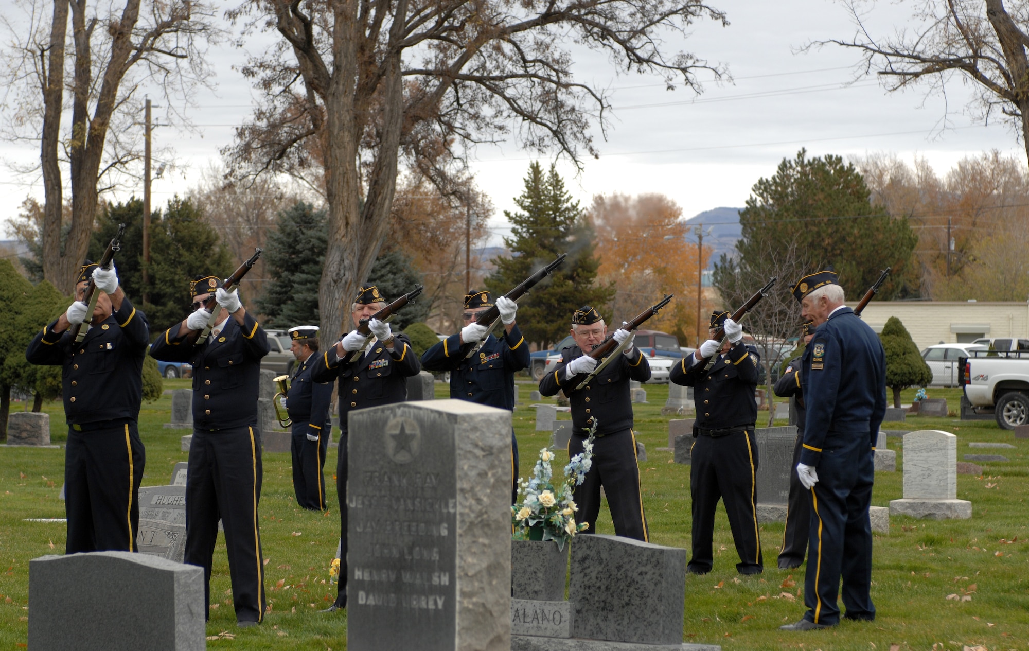 MOUNTAIN HOME AIR FORCE BASE, Idaho - Members of the American Legion Post 26 Honor Guard give a 21-gun salute during a ceremony honoring Veterans in Mountain View Cemetery in Mountain Home on Veteran's Day, Nov. 11. On the eleventh day of the eleventh month at the eleventh hour a ceremony is held to remember the time World War I ended and also to pay respect to all veterans. Idaho has the largest percent of veterans by population in the nation. (U.S. Air Force photo/ Airman Debbie Lockhart)