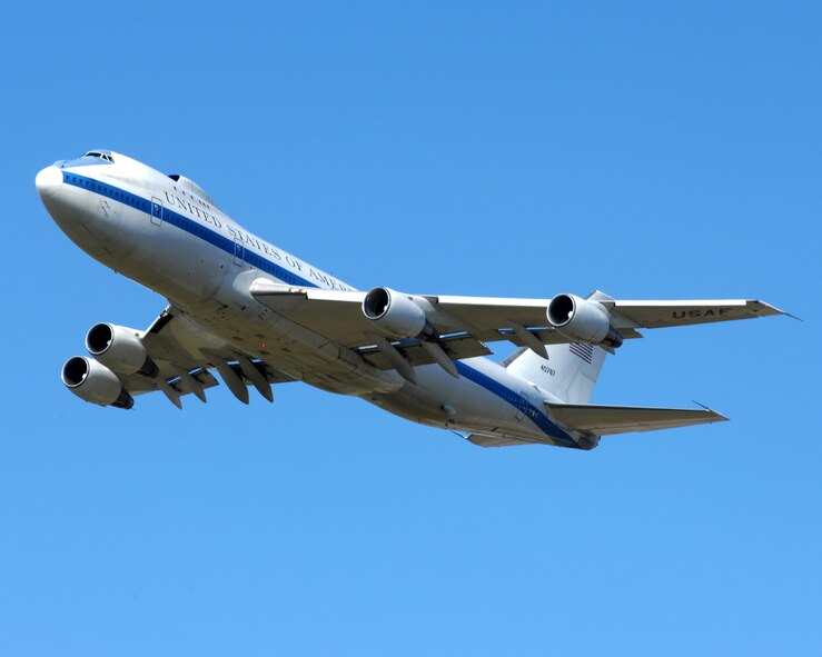 WHITEMAN AIR FORCE BASE, Mo. - The “Looking Glass,” an E-4B from the 55th Wing, Offutt Air Force Base, Neb., performs multiple touch and goes here Nov. 6. The E-4B serves as the National Airborne Operations Center for the president, secretary of defense and the Joint Chiefs of Staff or JCS.  In case of national emergency or destruction of ground command control centers, the aircraft provides a highly survivable, command, control and communications center to direct U.S. forces, execute emergency war orders and coordinate actions by civil authorities. (U.S. Air Force photo/Airman 1st Class Carlin Leslie)