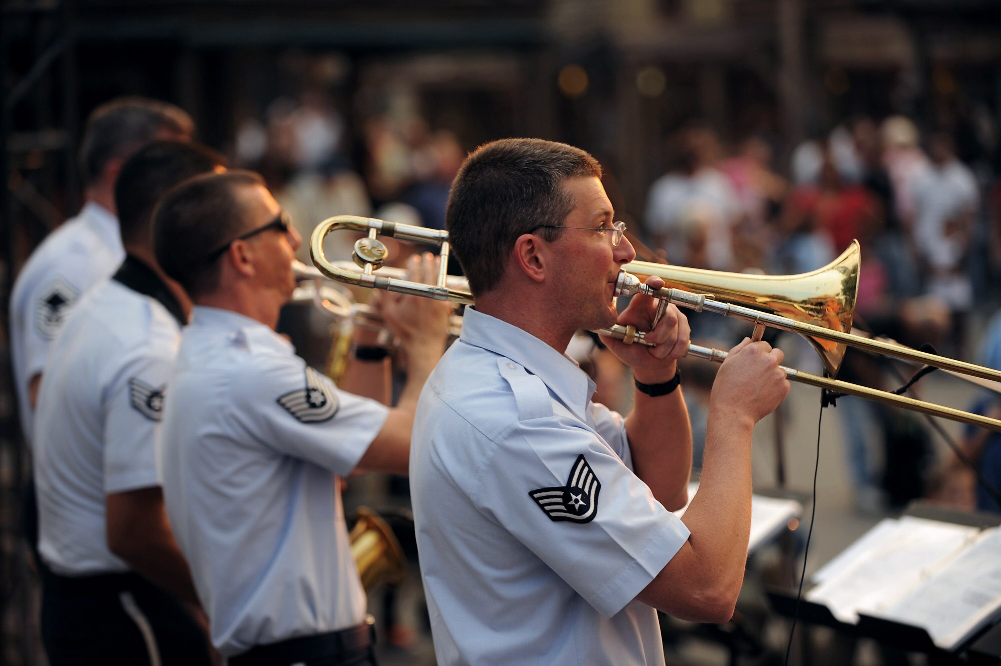 Members of the Air National Guard Band of The Southwest perform Nov. 15 at Knott's Berry Farm in Los Angeles. The band is performing during Air Force Week Los Angeles, which is an event designed to educate the local population about the Air Force's capabilities and missions through various activities and exhibitions all over the Los Angeles area. (U.S. Air Force photo/Staff Sgt. Desiree N. Palacios) 
