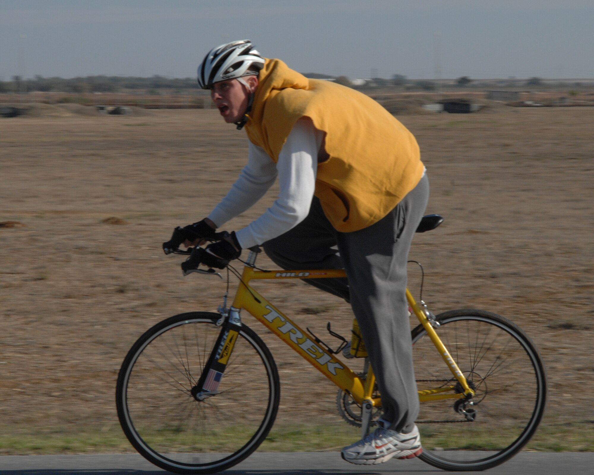 Senior Airman Wyatt Eastman, 728th Air Mobility Squadron, pedals around the flightline perimeter during the 39th Air Base Wing Combined Federal Campaign Bike-a-Thon Nov. 15. Bike-a-thon participants cycled as many eight-mile laps as they could in two hours to raise money for the campaign. The event raised more than $600 for the CFC.