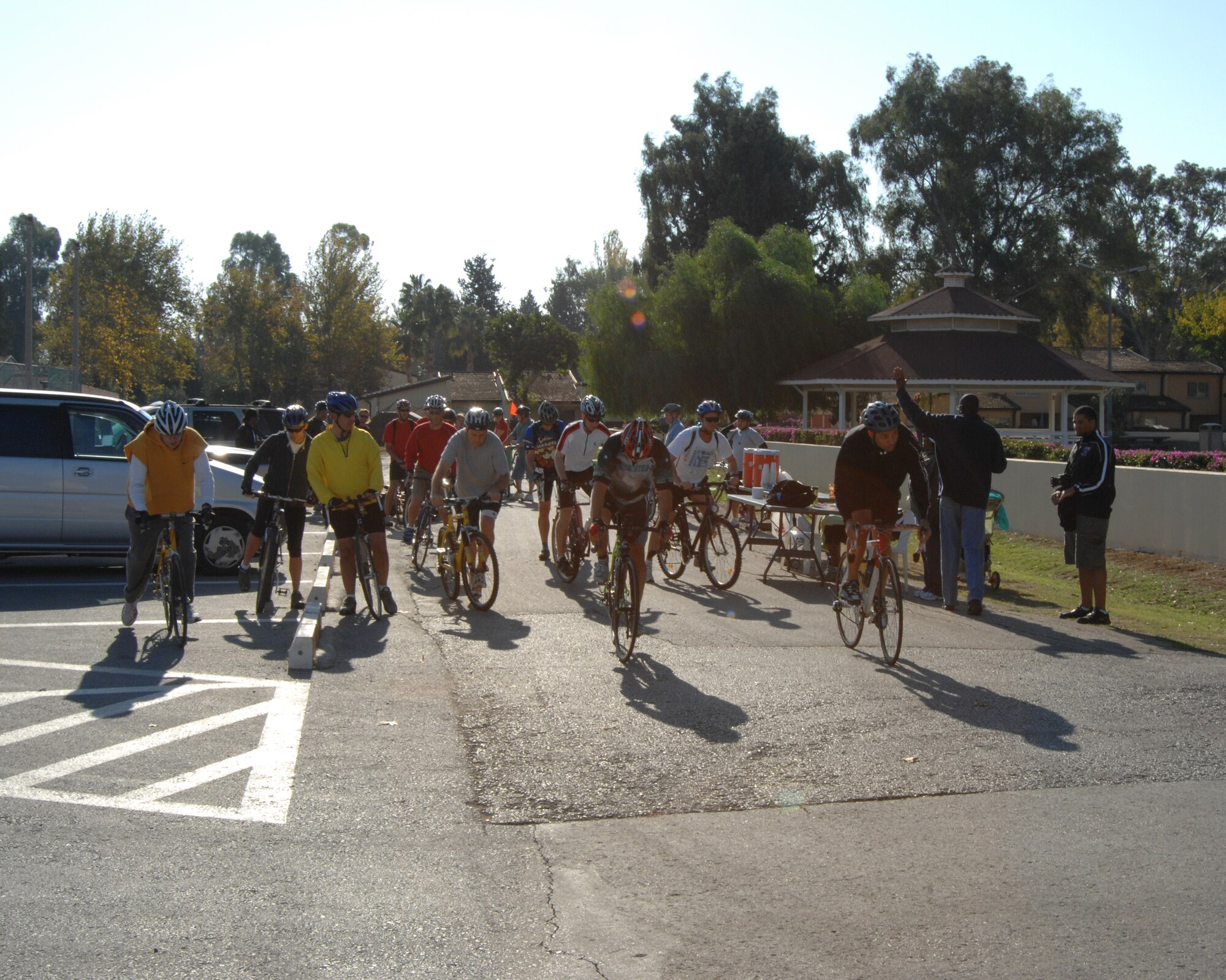 Cyclists hit the pedals at the start of the 39th Air Base Wing Combined Federal Campaign Bike-a-Thon Nov. 15. Bike-a-thon participants cycled as many eight-mile laps around the flightline perimeter as they could in two hours. The event raised more than $600 for the CFC.