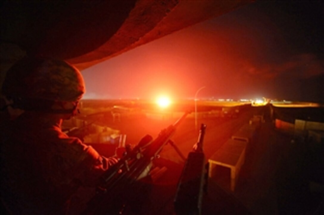 U.S. Air Force Airman 1st Class Martin Uresti prepares to fire a signal flare from an observation tower on Joint Base Balad, Iraq, Nov. 15, 2008. Uresti, who is assigned to the 532nd Expeditionary Security Forces Squadron, and other Air Force security personnel practiced their proficiency deploying signal and illumination flares.
