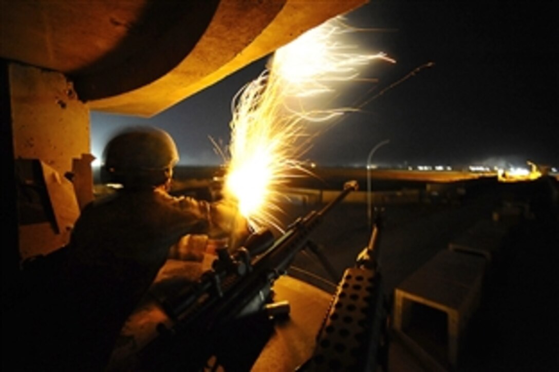 U.S. Air Force Airman 1st Class Martin Uresti fires a signal flare from an observation tower, Nov. 15, 2008, at Joint Base Balad, Iraq. Several security forces airmen were practicing their proficiency deploying signal and illumination flares. Uresti is a security forces apprentice with the 532nd Expeditionary Security Forces Squadron deployed from Lackland Air Force Base, Texas.