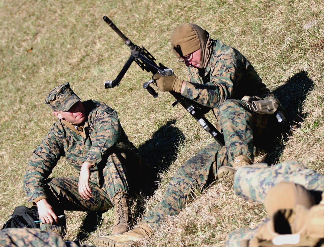 — Marines with 1st Battalion, 8th Marine Regiment, 2nd Marine Division, clean their weapons, Nov.19, after a day of platoon attack training here.  The battalion trained for several days focusing on platoon attack tactics and training civilian role-players.  The battalion previously conducted this training at Fort Pickett, Va., and used this time to do a refresher course. (Official Marine Corps photo by Cpl. Thomas J. Hermesman) (RELEASED)