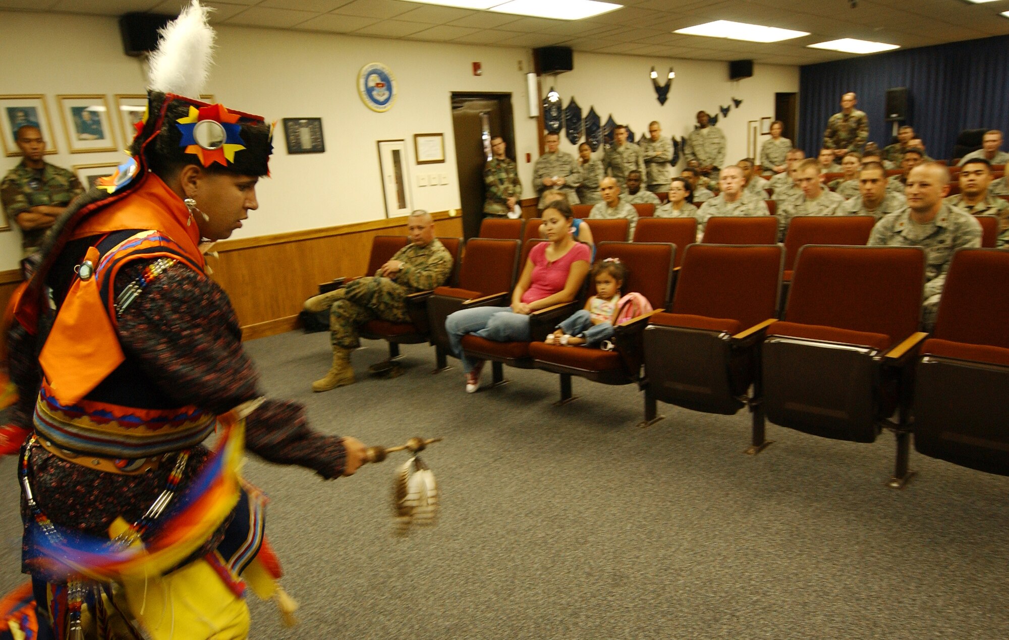 Technical Sgt. Thundercloud Hirajeta performs a traditional dance called the "War Dance" during American Indian and Alaskan Native Heritage month Nov. 14, 2008. The event commemorated the Native American and Alaskan cultures and the important role Native Americans played as code talkers during the WWII battles in the Pacific Region. 
(U.S. Air Force photo/Tech. Sgt. Rey Ramon)                                                    