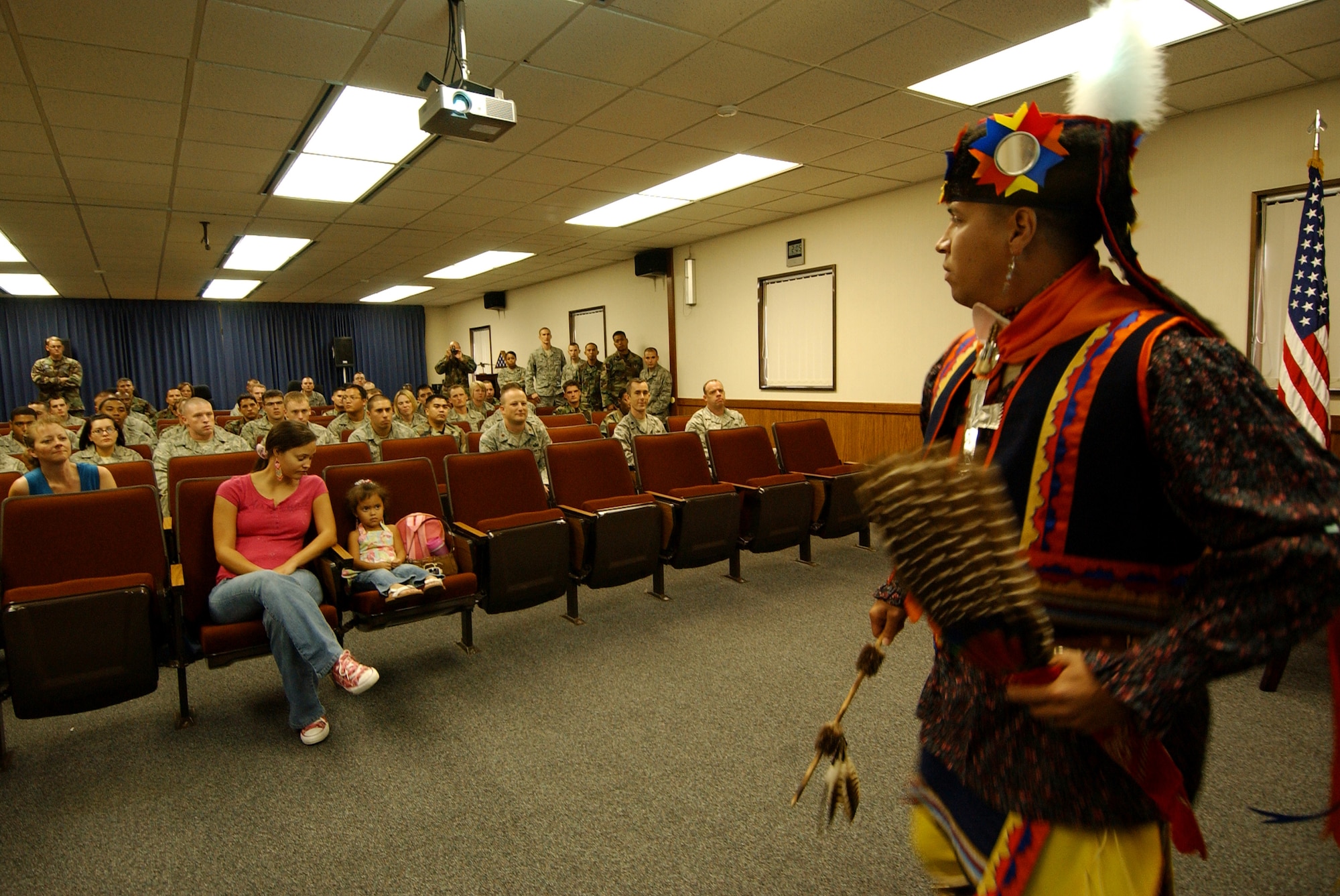 Technical Sgt. Thundercloud Hirajeta performs a traditional dance called the "War Dance" during American Indian and Alaskan Native Heritage month Nov. 14, 2008. The event commemorated the Native American and Alaskan cultures and the important role Native Americans played as code talkers during the WWII battles in the Pacific Region. 
(U.S. Air Force photo/Tech. Sgt. Rey Ramon)                                                        