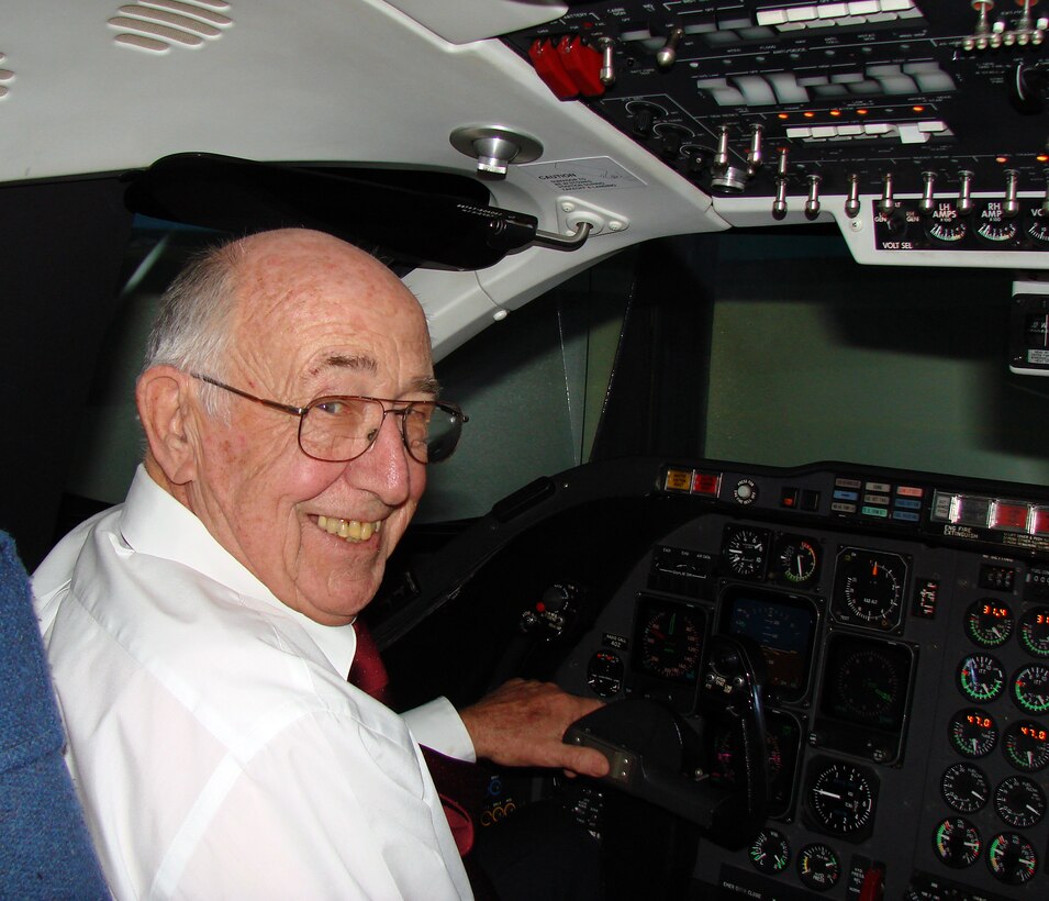 Terry Turner, an aviation cadet at Vance in 1956 and a member of Class 56-G, prepares for a T-1 simulator ride during his tour of the base Nov. 14. (U.S. Air Force photo by Joe B. Wiles)