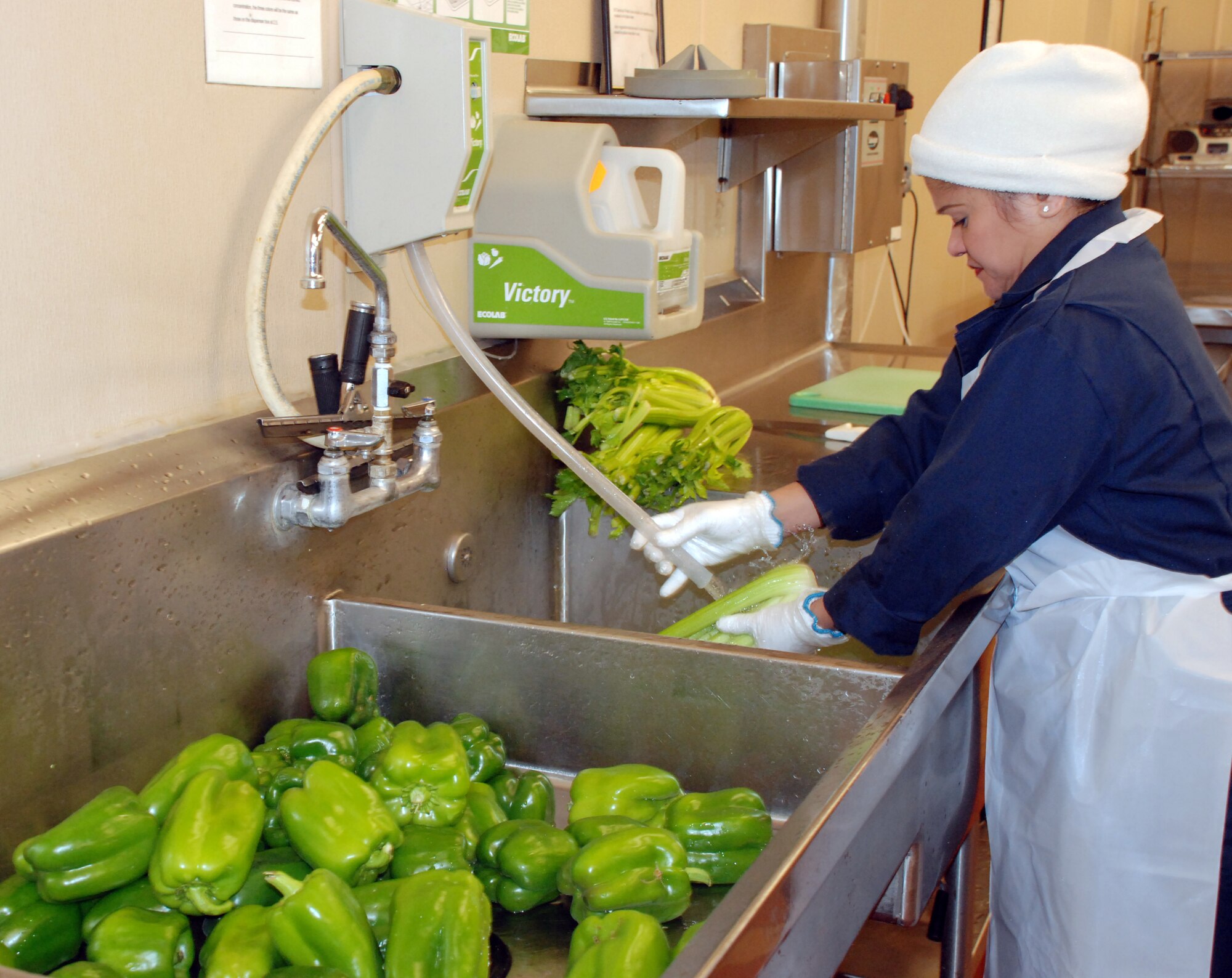 Mary Jones, a food processing specialist in food services, cleans and prepares vegetables at the Central Prep Kitchen to send to Sheppard's various dining facilities. Sheppard Food Services was recently awarded the 2009 AETC Hennessy Award Trophy for the Multiple Facilities category. (U.S. Air Force photo/Airman 1st Class Candy Miller) 