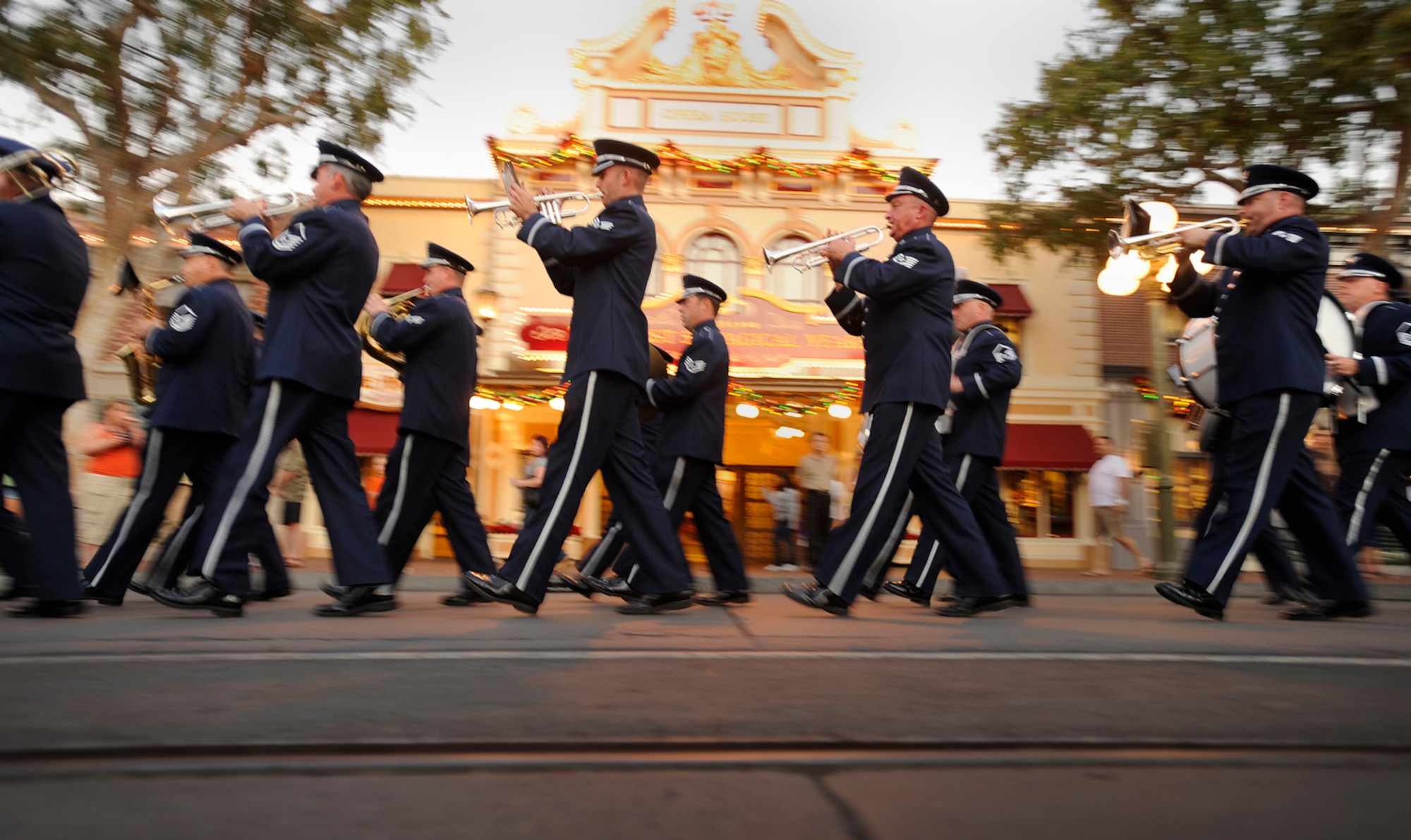 Marching band members of the U.S. Air Force Band of the Golden West perform down Main Street U.S.A. at the Disneyland Resort in Anaheim, Calif., Nov. 17. The band is performing during Air Force Week Los Angeles, an event designed to educate the local population about the Air Force's capabilities and missions through various activities and exhibitions in the Los Angeles area. 
(U.S. Air Force photo/Staff Sgt. Bennie J. Davis III)