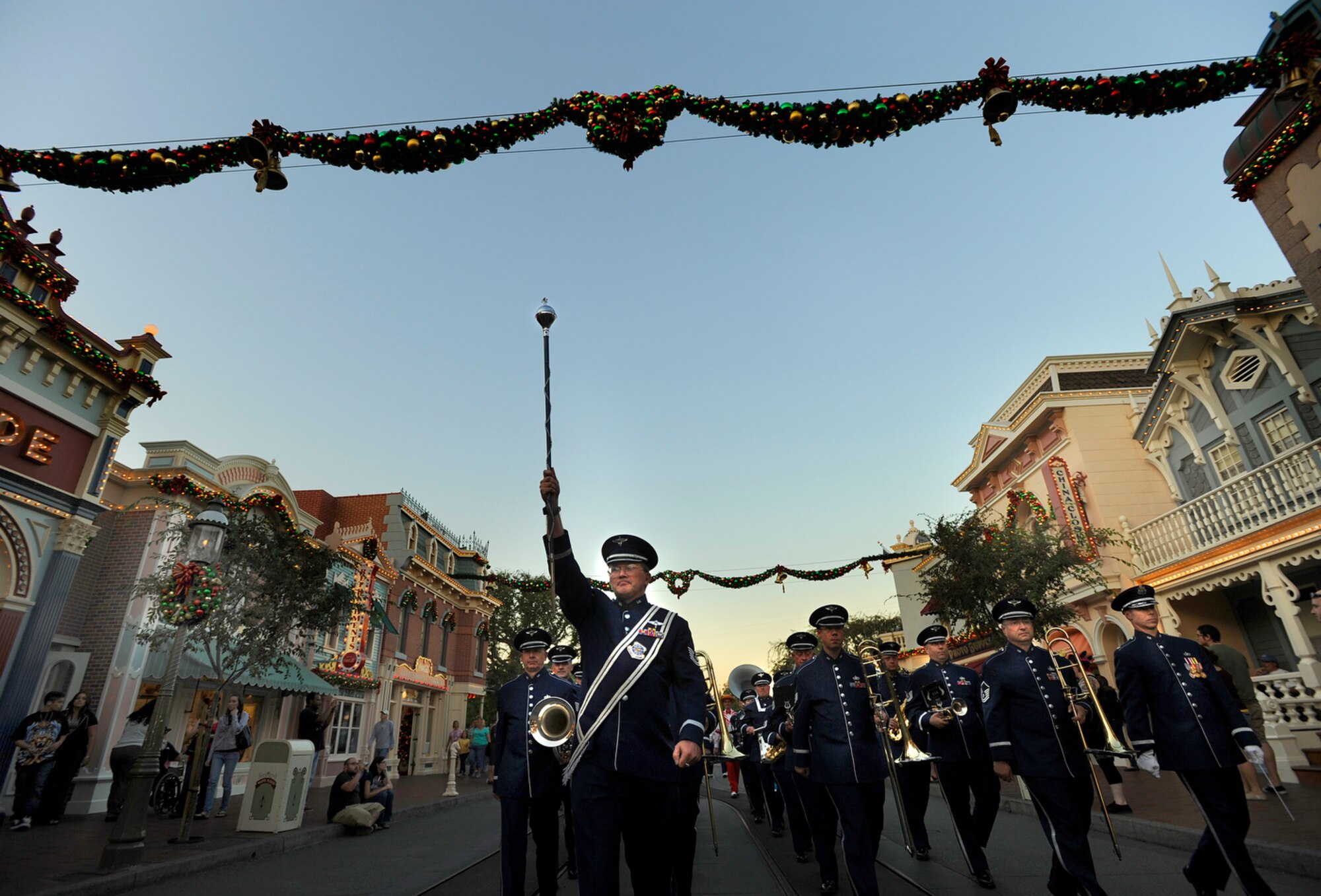 Marching band members of the U.S. Air Force Band of the Golden West perform down Main Street U.S.A. at the Disneyland Resort in Anaheim, Calif., Nov. 17. The band is performing during Air Force Week Los Angeles, an event designed to educate the local population about the Air Force's capabilities and missions through various activities and exhibitions in the Los Angeles area. 
(U.S. Air Force photo/Staff Sgt. Bennie J. Davis III)